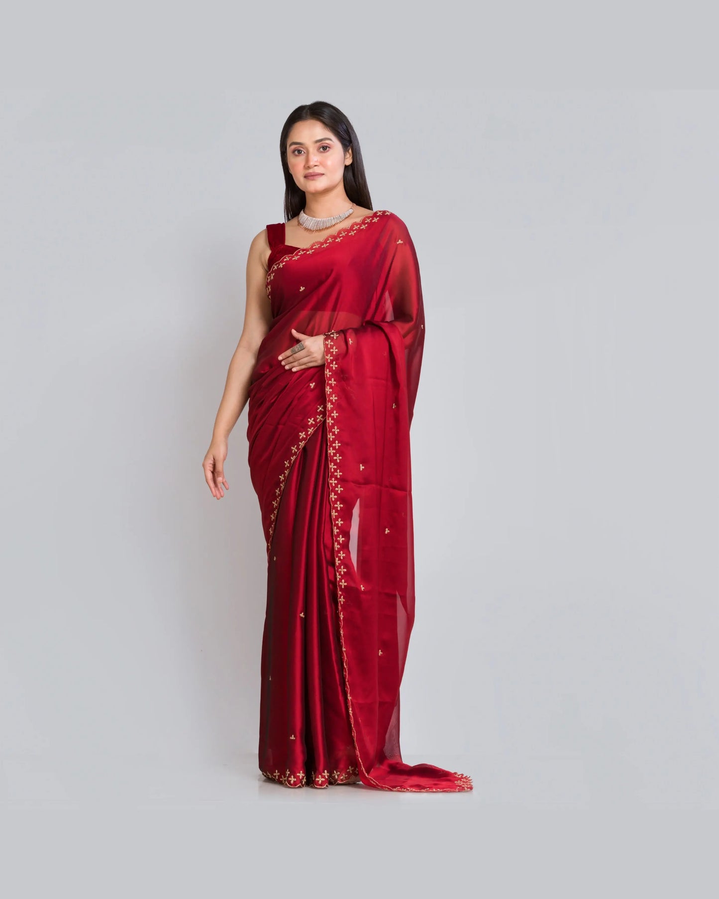 Maroon Georgette Silk Saree With Handembroidered Dabka Motifs On Border - kreationbykj
