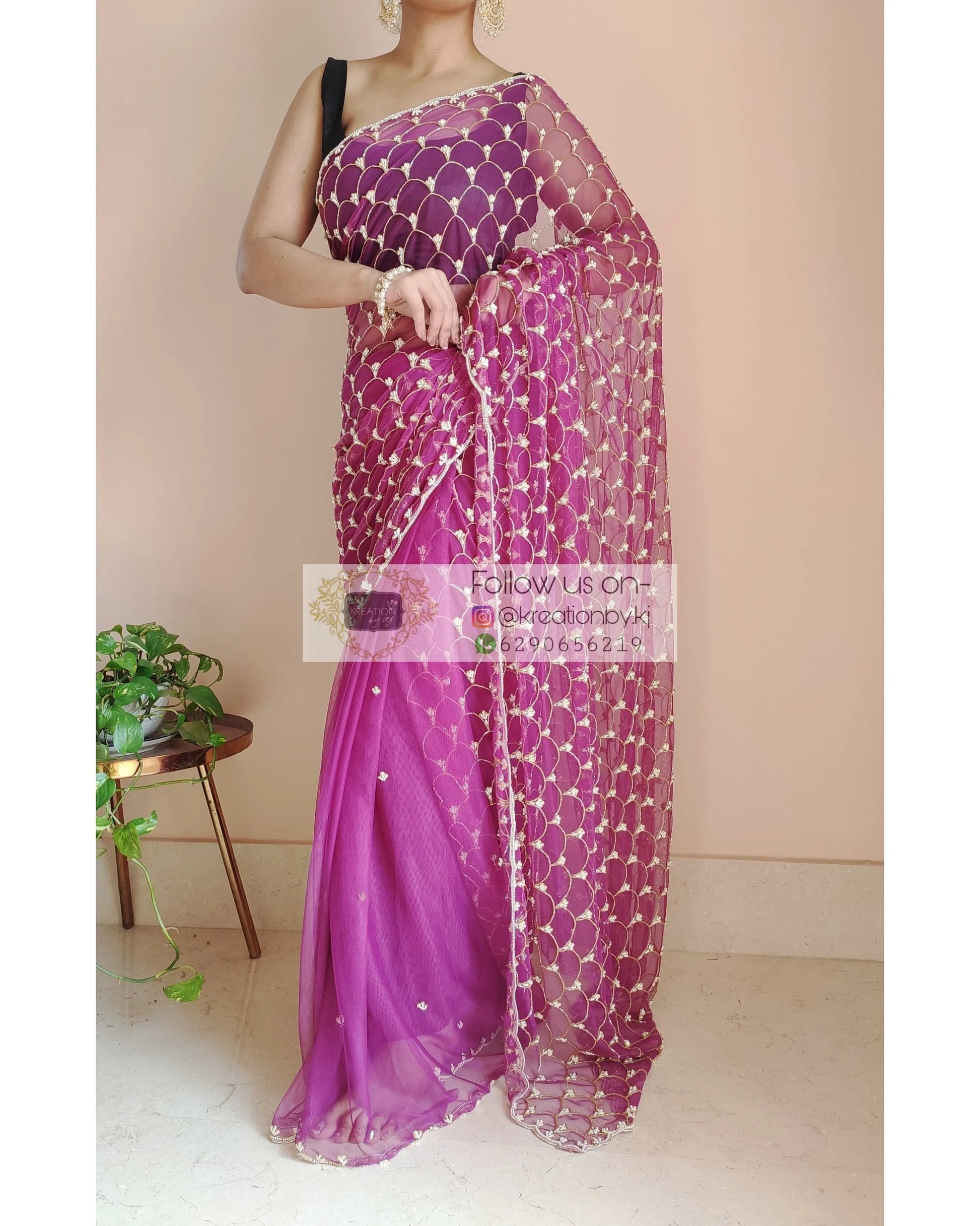 Purple Mehraab Cutdana Jaal Saree - kreationbykj
