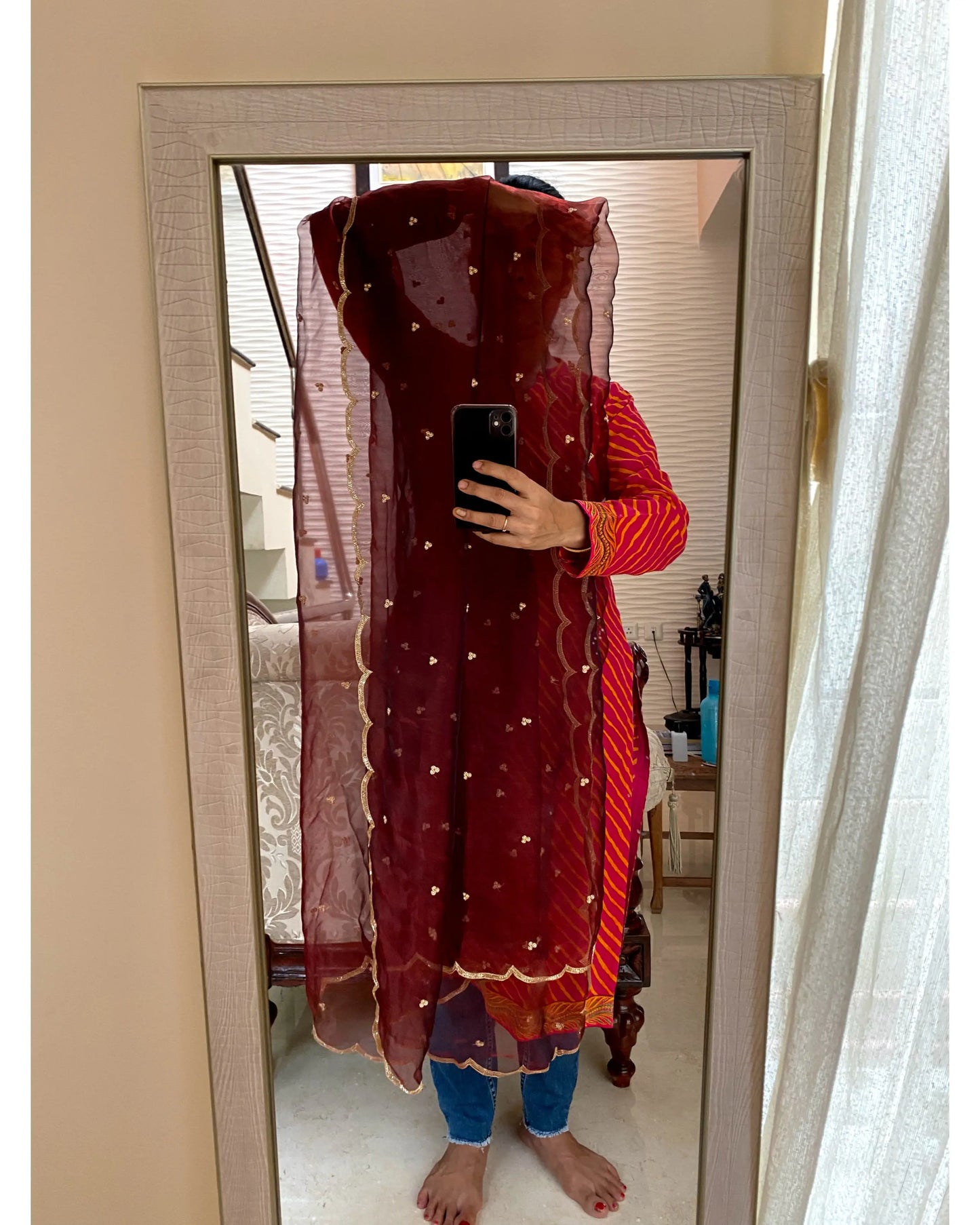 Maroon Glass Tissue Dupatta With Scallops - kreationbykj