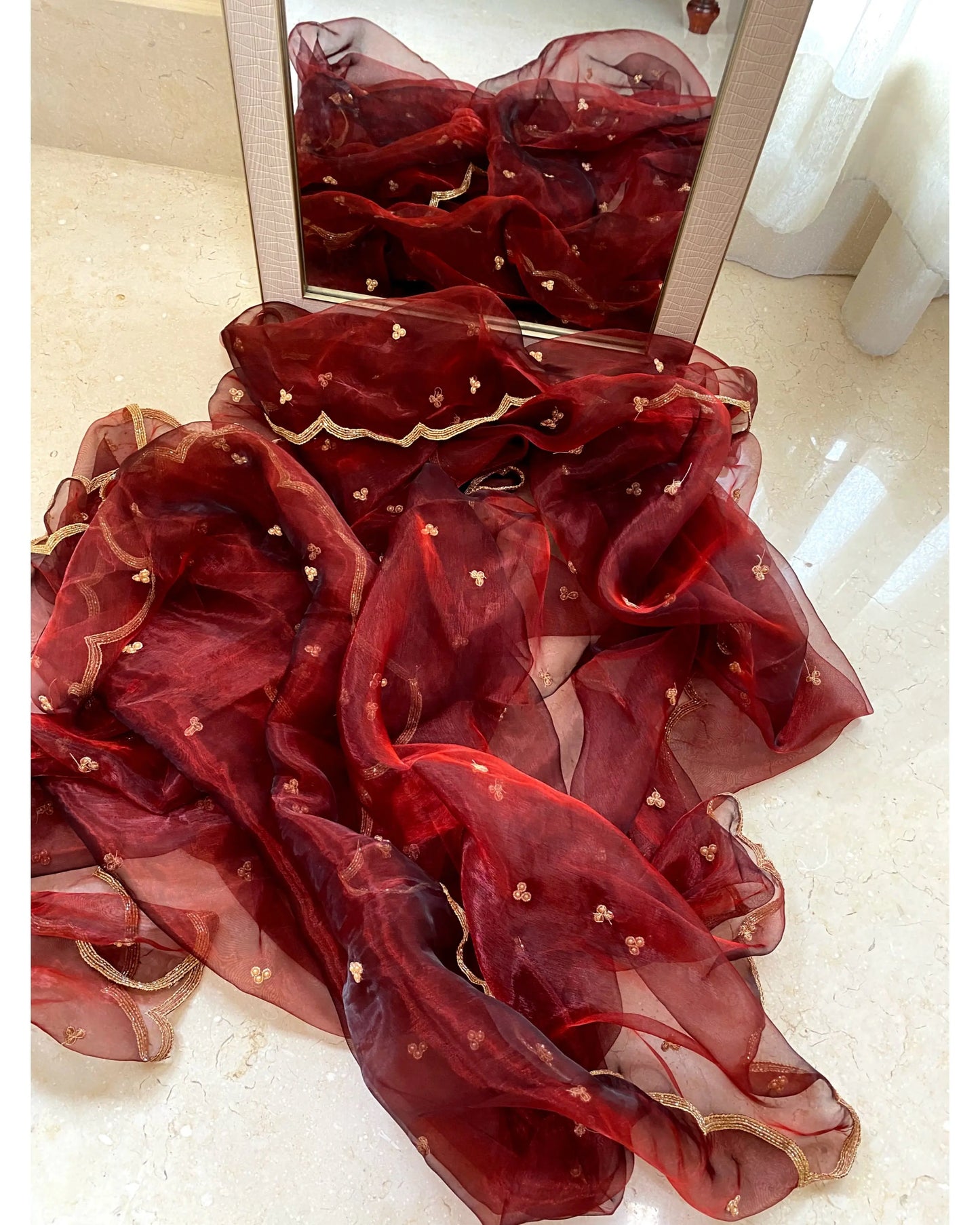 Maroon Glass Tissue Dupatta With Scallops - kreationbykj