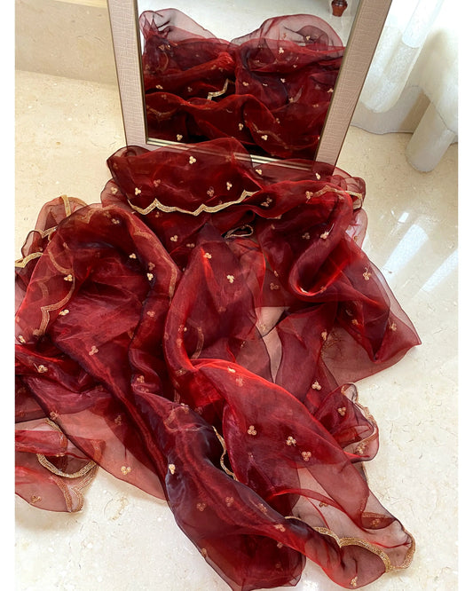 Maroon Glass Tissue Dupatta With Scallops - kreationbykj