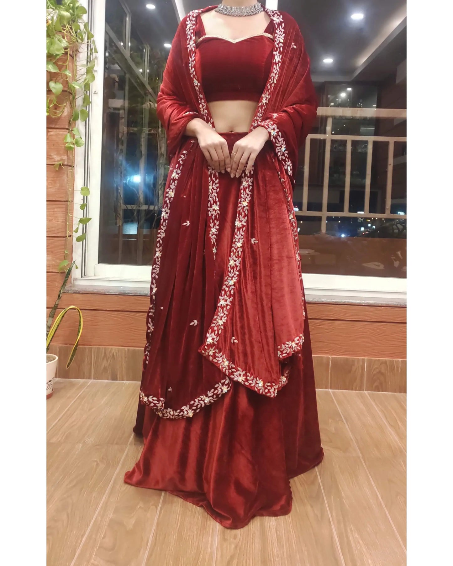 Maroon Velvet Chandani Dupatta - kreationbykj