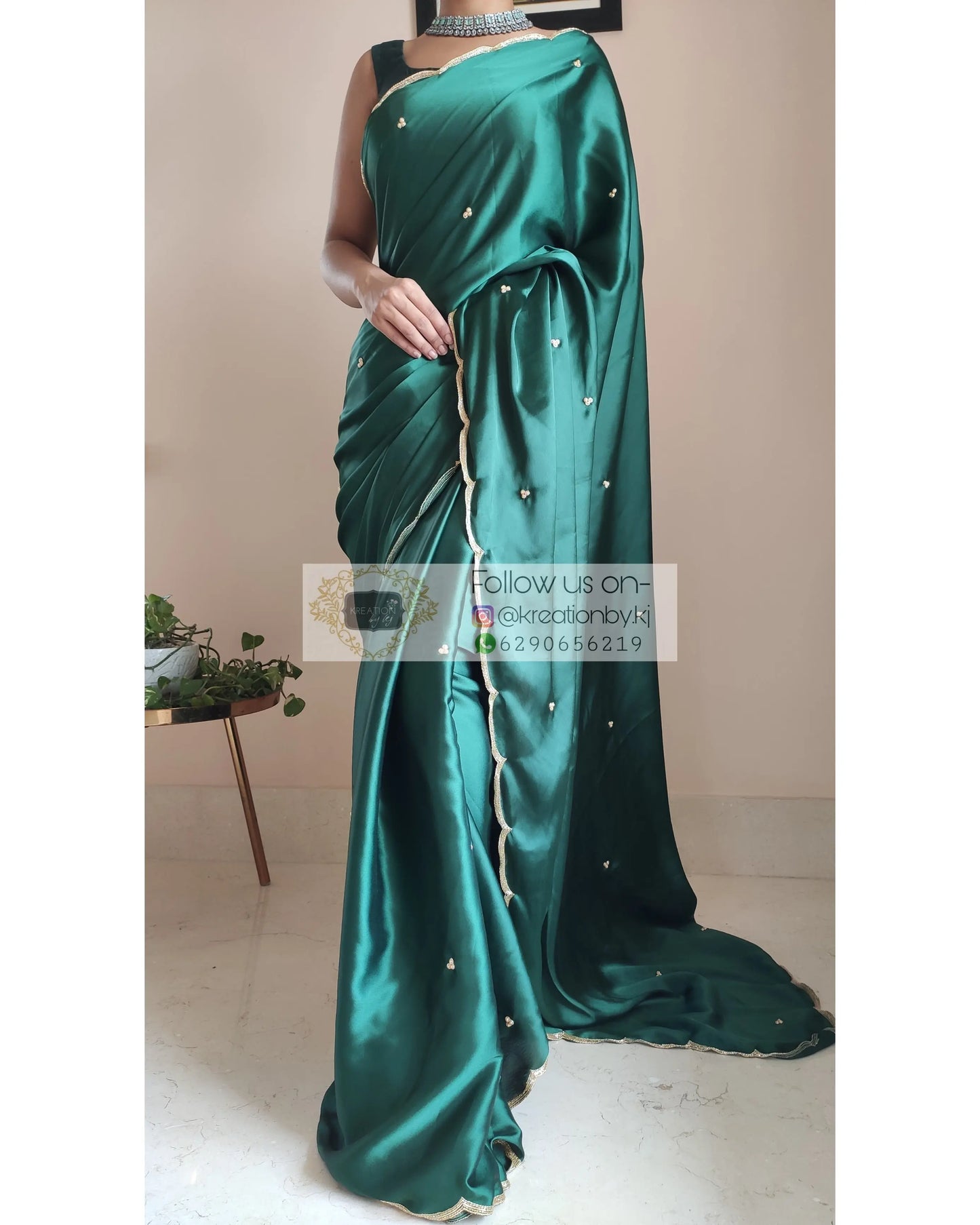 Emerald Green Satin Silk Saree With Handembroidered Scalloping - kreationbykj