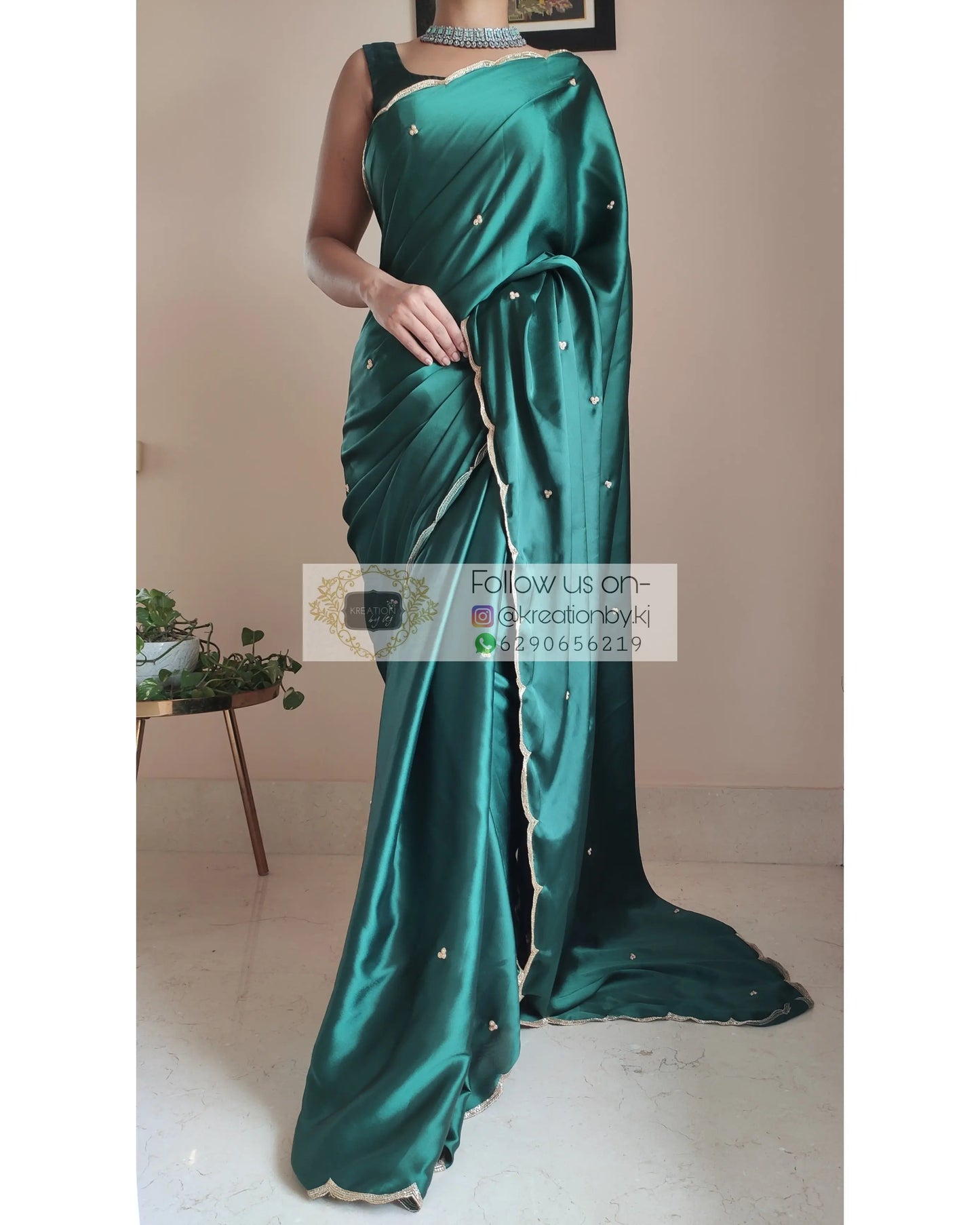 Emerald Green Satin Silk Saree With Handembroidered Scalloping - kreationbykj