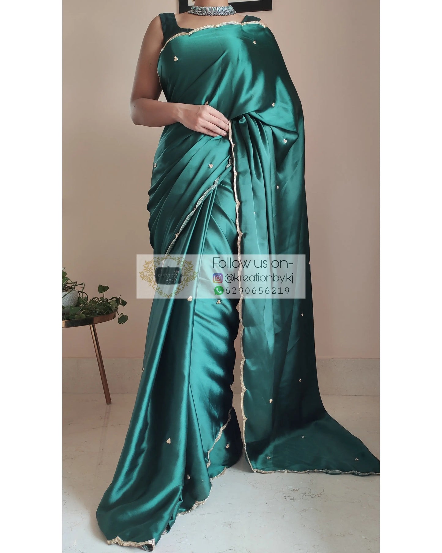 Emerald Green Satin Silk Saree With Handembroidered Scalloping - kreationbykj