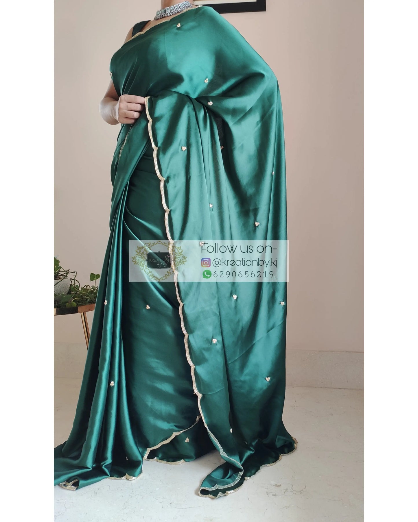 Emerald Green Satin Silk Saree With Handembroidered Scalloping - kreationbykj