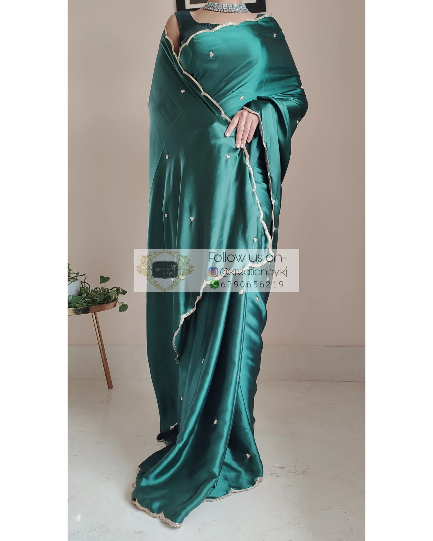 Emerald Green Satin Silk Saree With Handembroidered Scalloping - kreationbykj