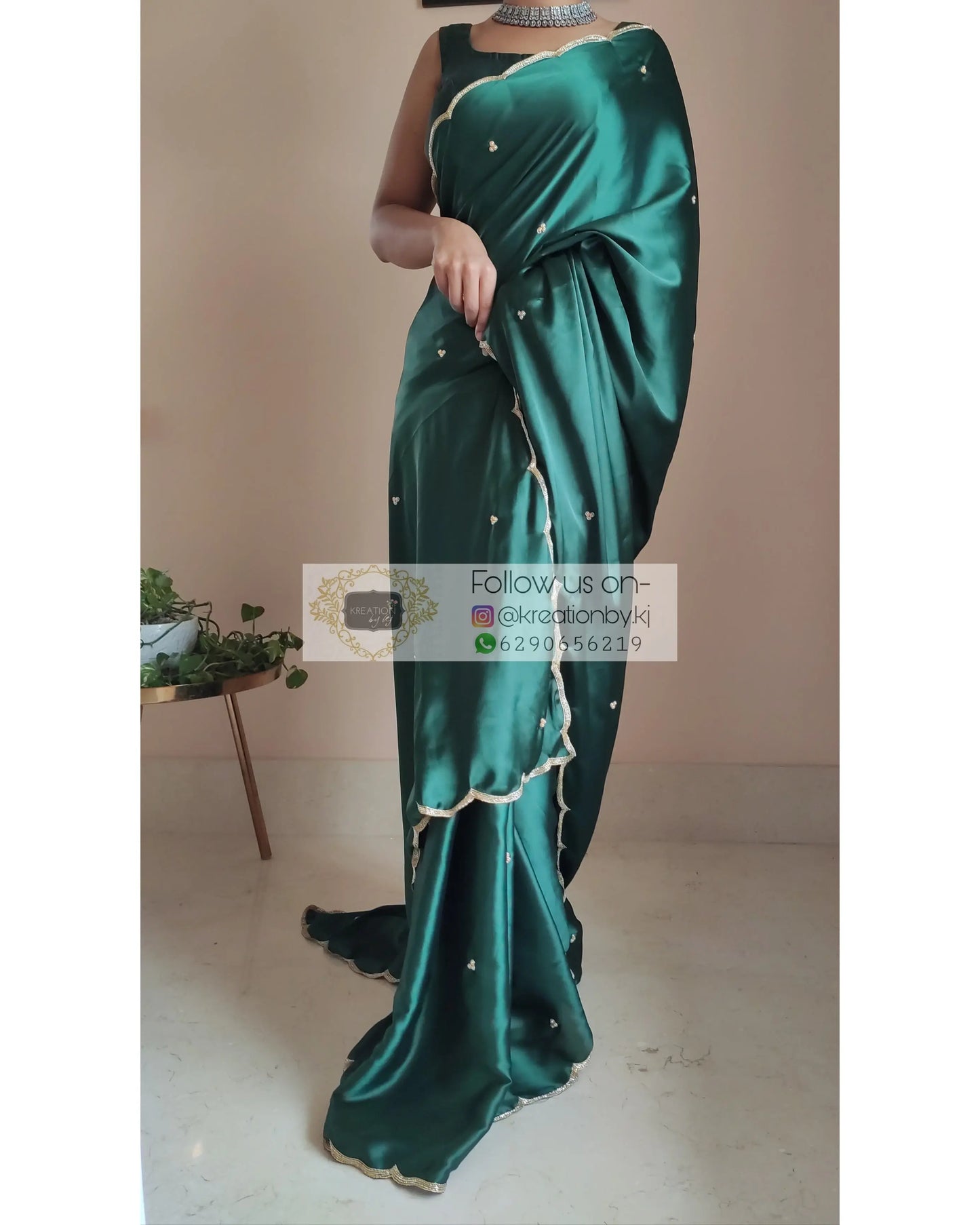 Emerald Green Satin Silk Saree With Handembroidered Scalloping - kreationbykj