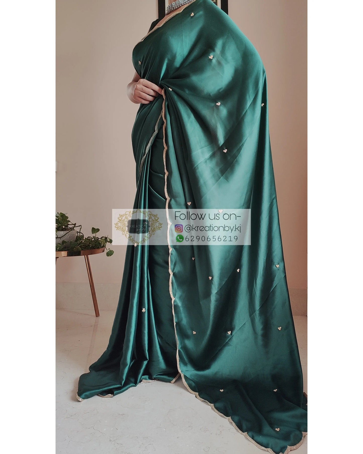 Emerald Green Satin Silk Saree With Handembroidered Scalloping - kreationbykj