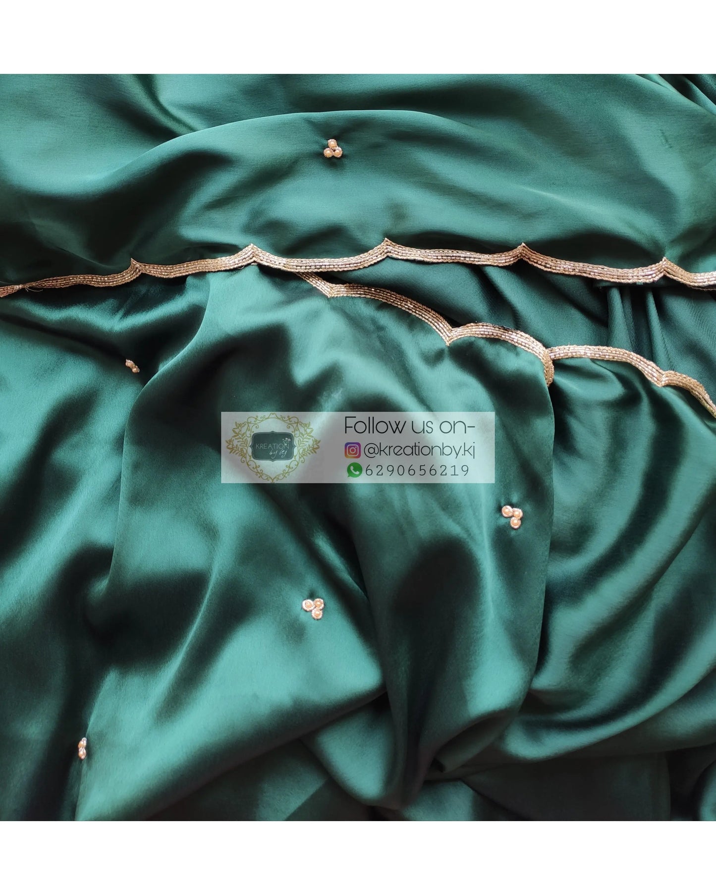 Emerald Green Satin Silk Saree With Handembroidered Scalloping - kreationbykj