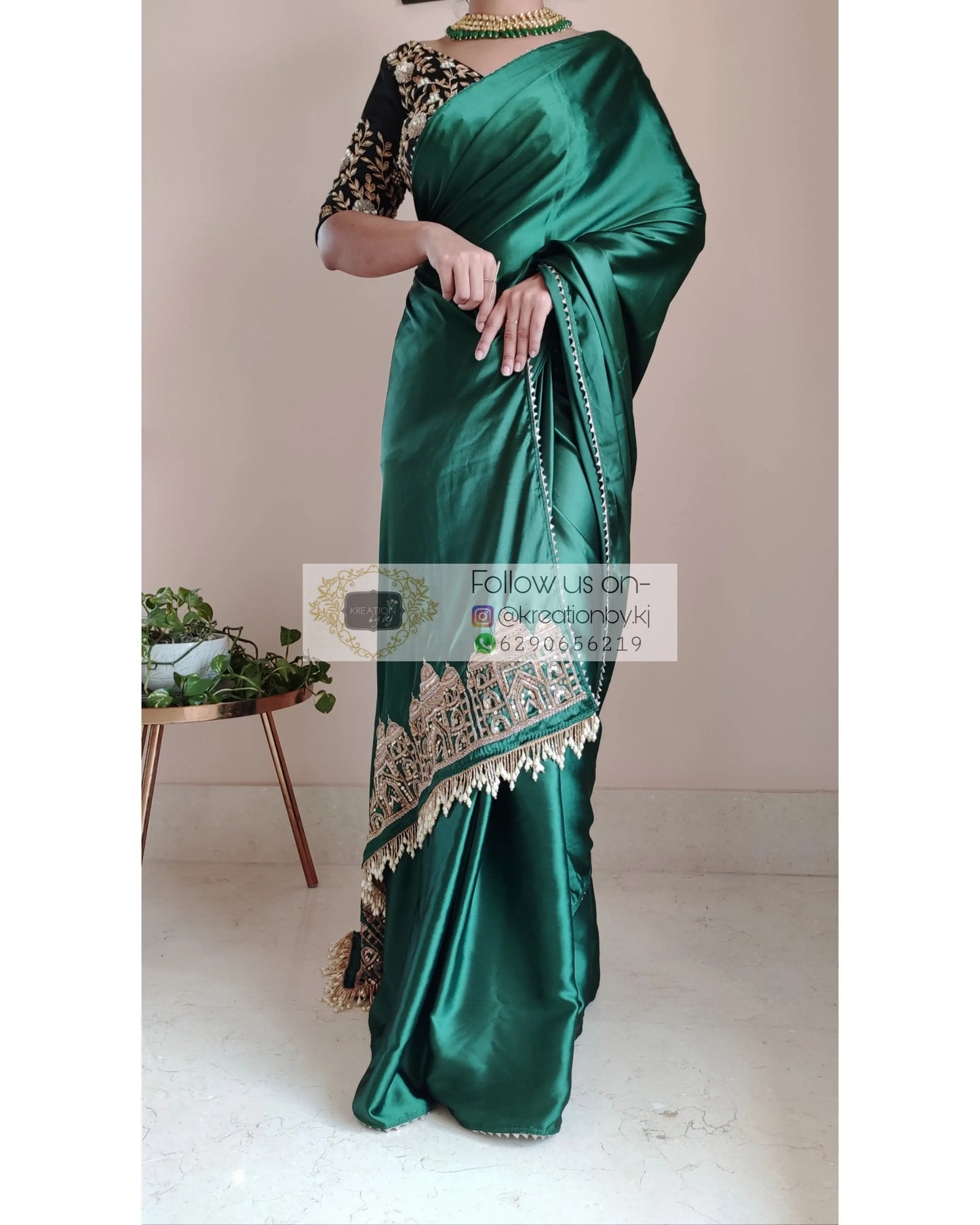Emerald Green Satin Silk Taj Mahal Saree - kreationbykj