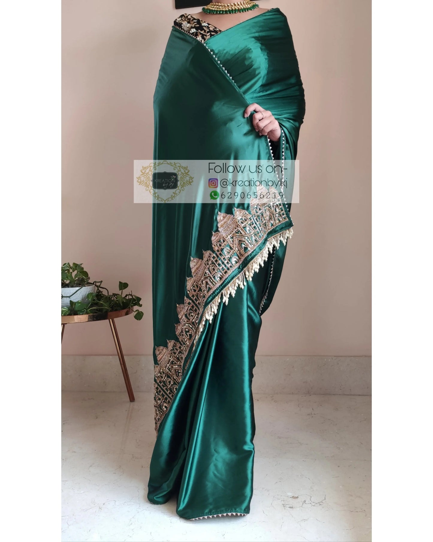 Emerald Green Satin Silk Taj Mahal Saree - kreationbykj