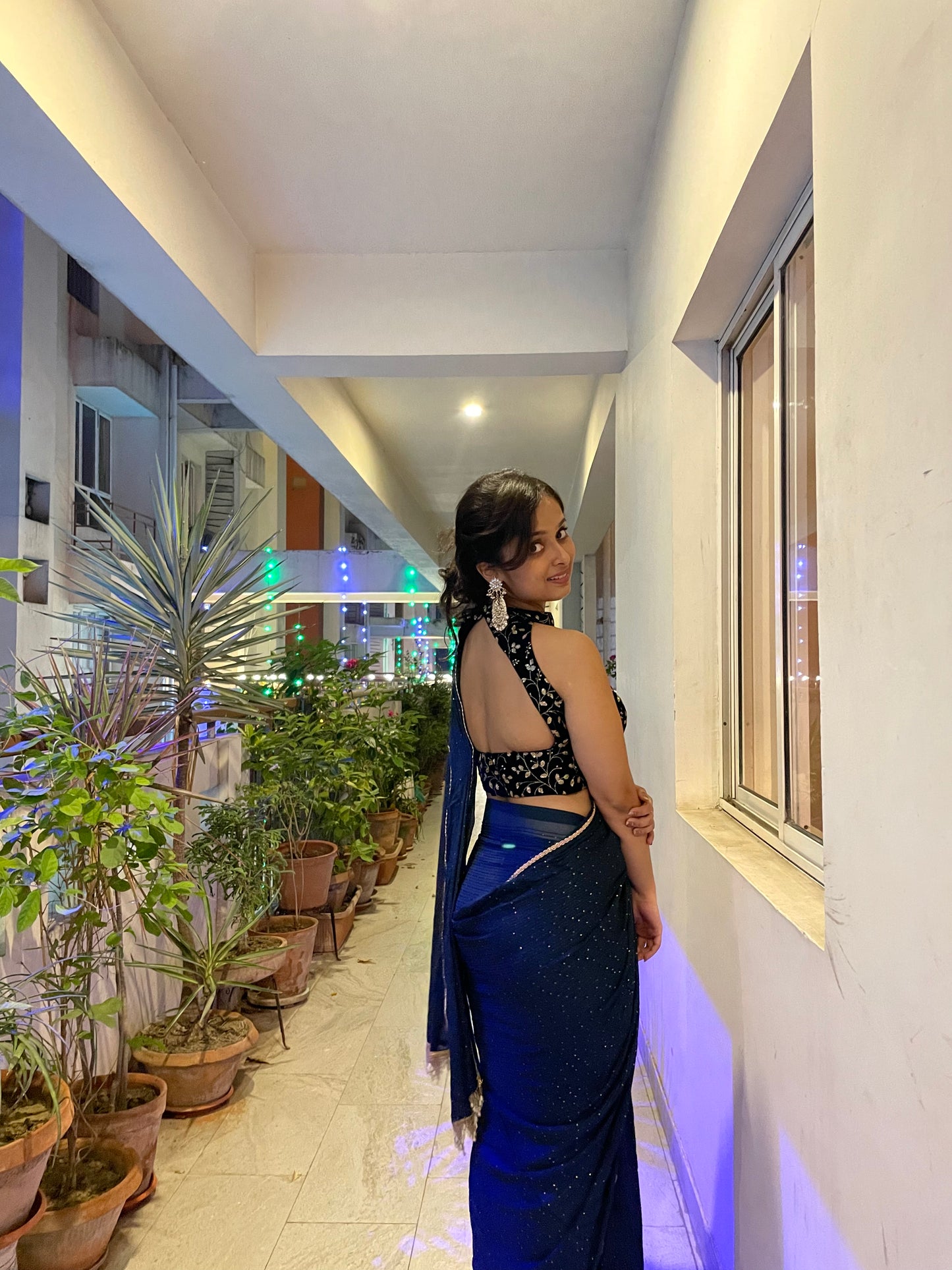 Navy Blue Velvet Halter Neck Blouse - kreationbykj