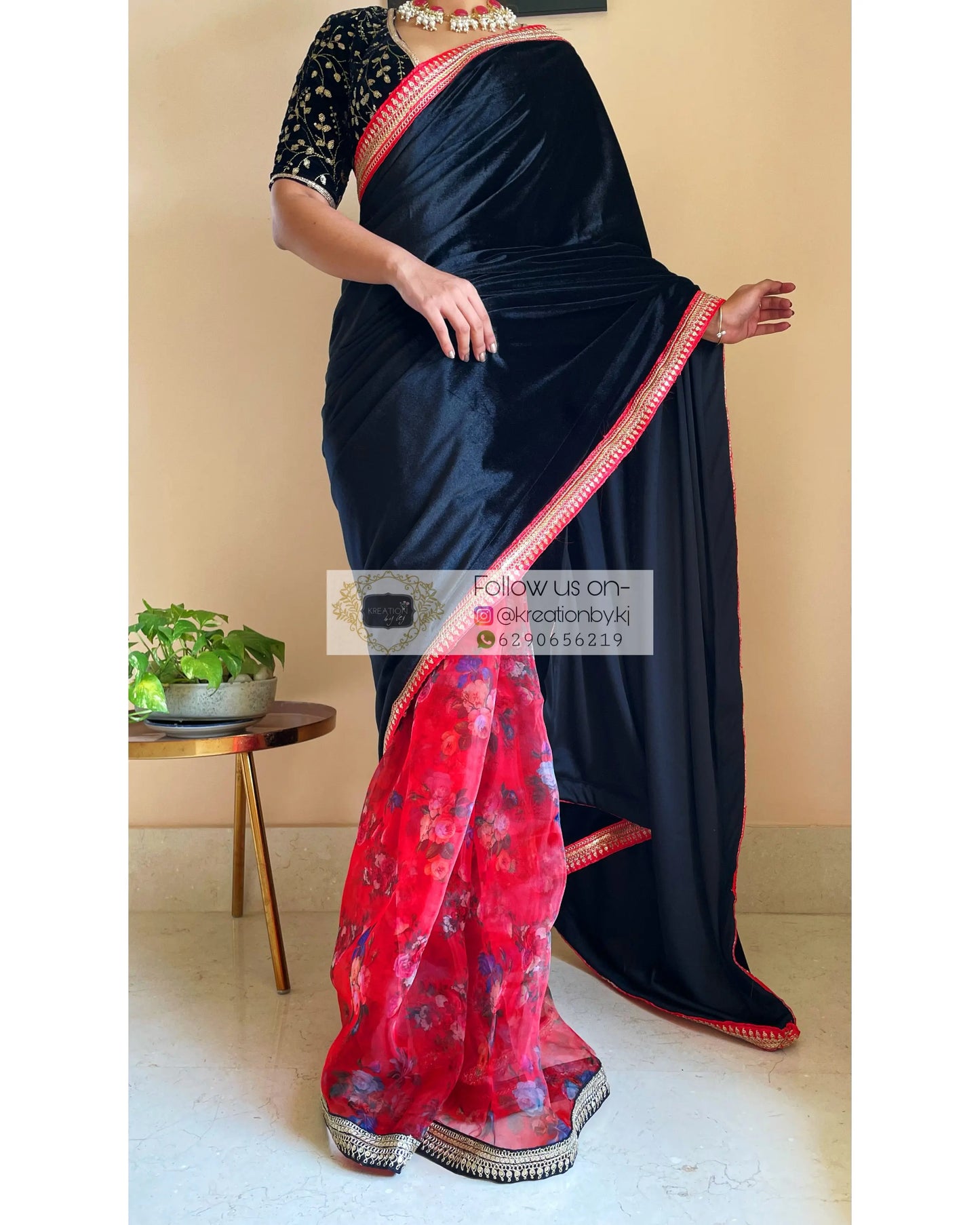 Black Floral Organza Velvet Saree - kreationbykj