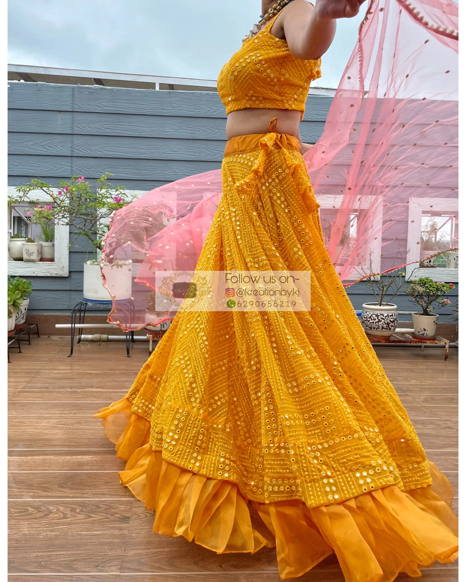 Yellow Sheesh Mahal Lehenga Set - kreationbykj