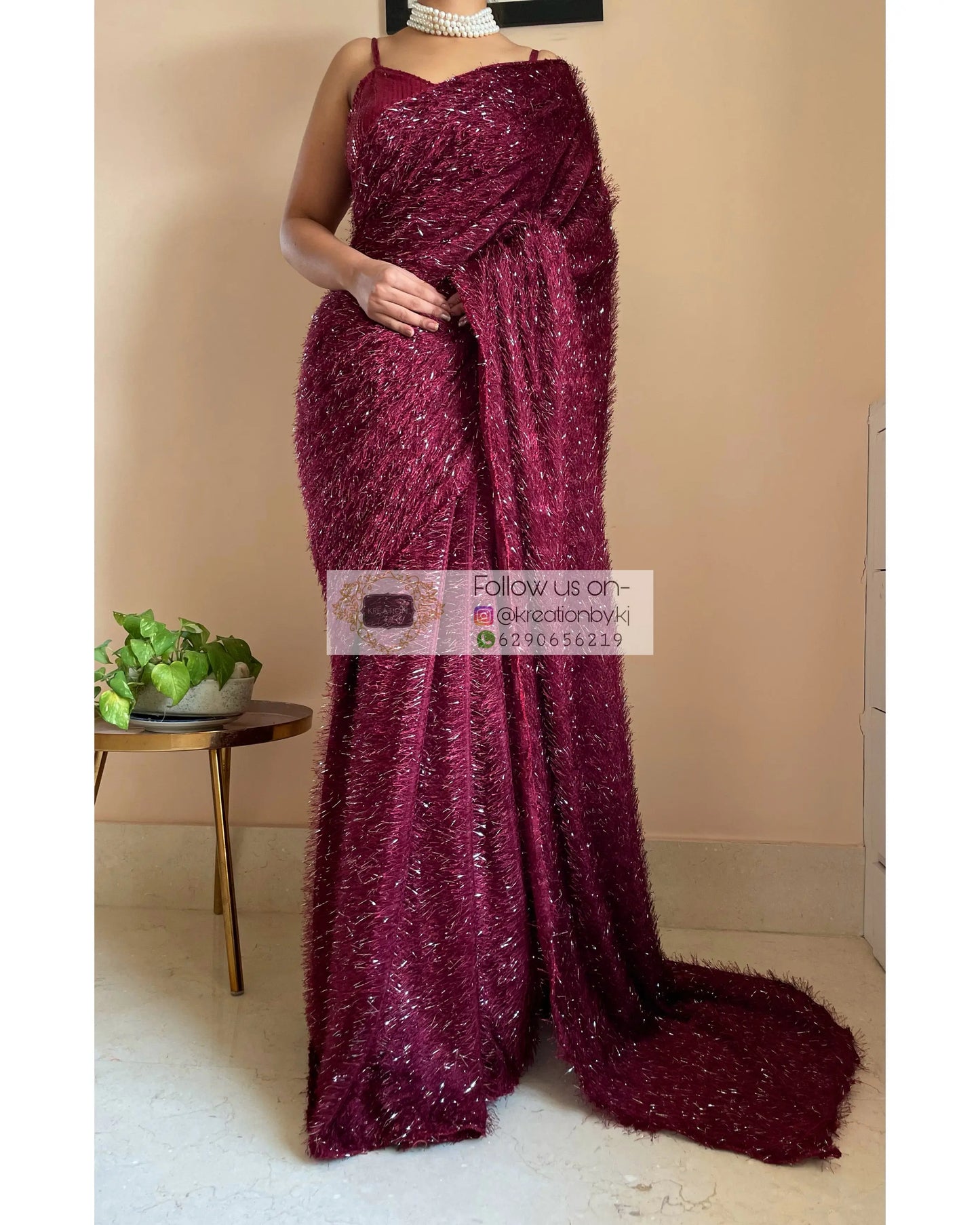 Sofia Burgundy Fur Saree - kreationbykj