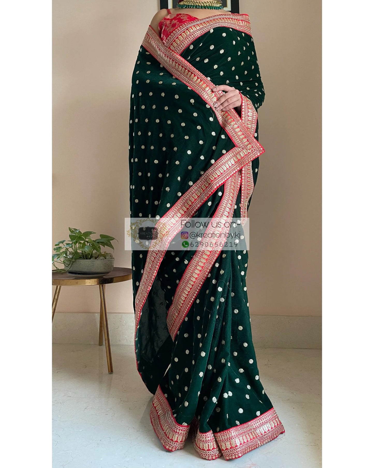 Bottle Green Velvet Saree with Border - kreationbykj