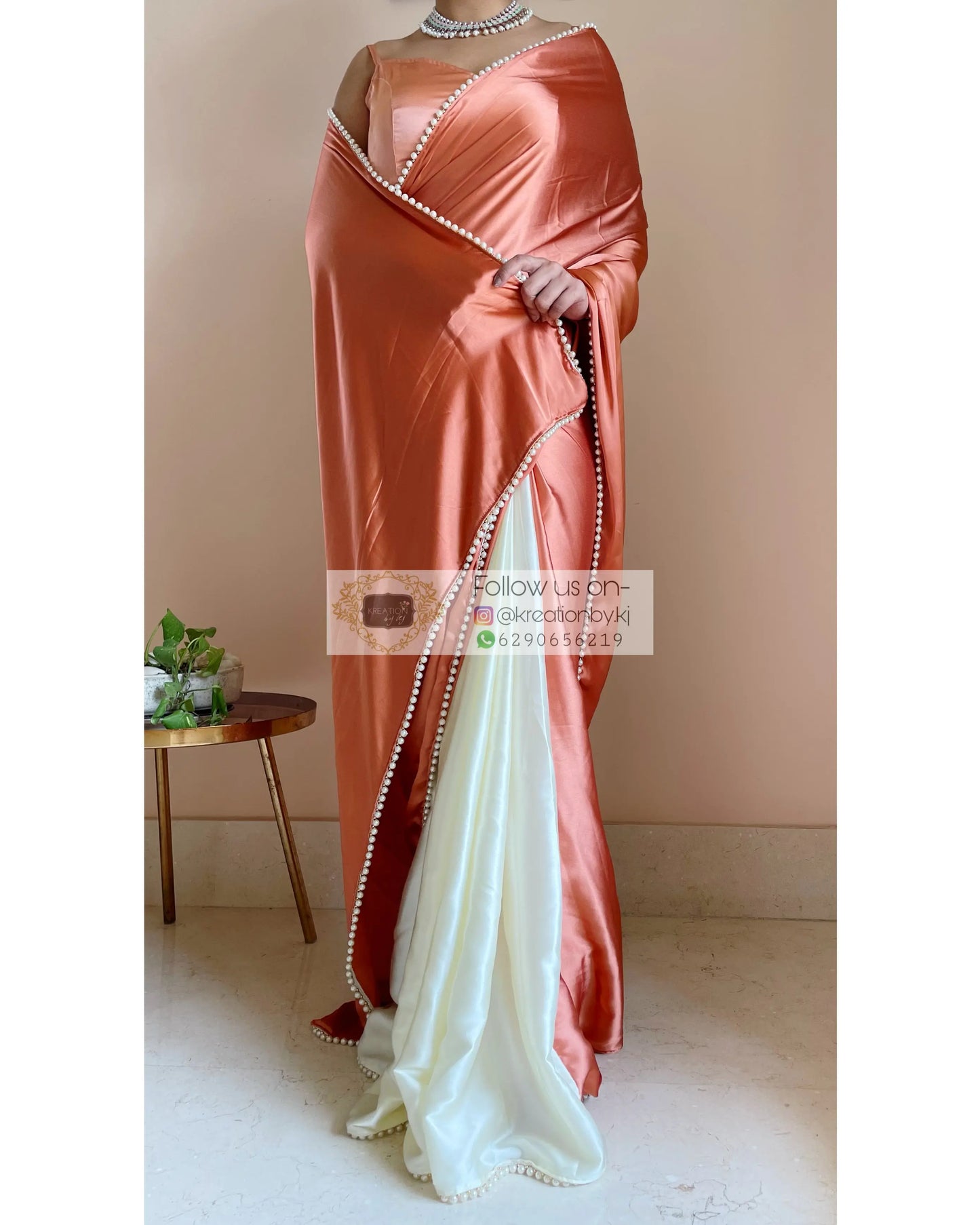Peach Milk Two in One Satin Saree - kreationbykj