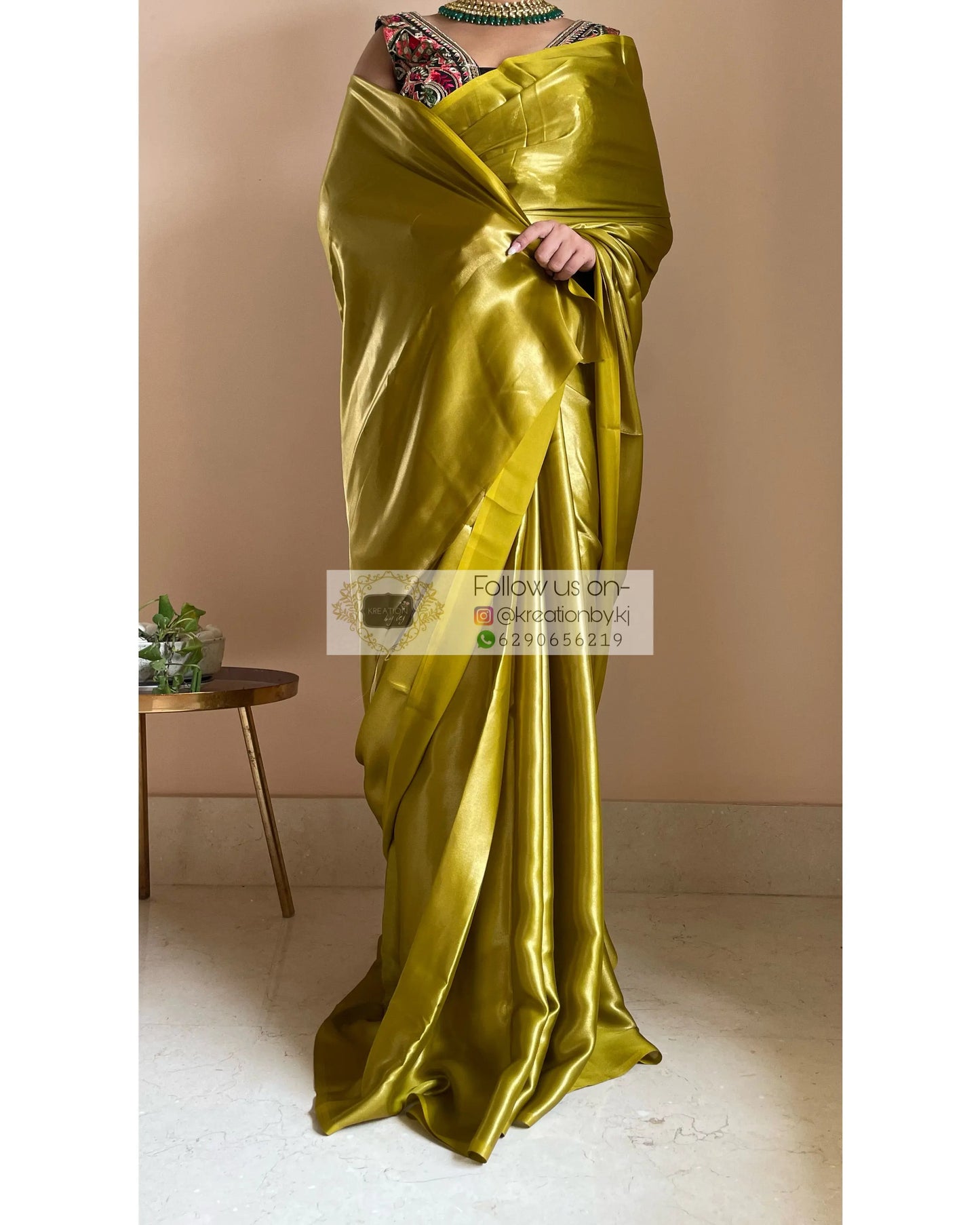 Mehendi Green Shimmer Satin Saree - kreationbykj
