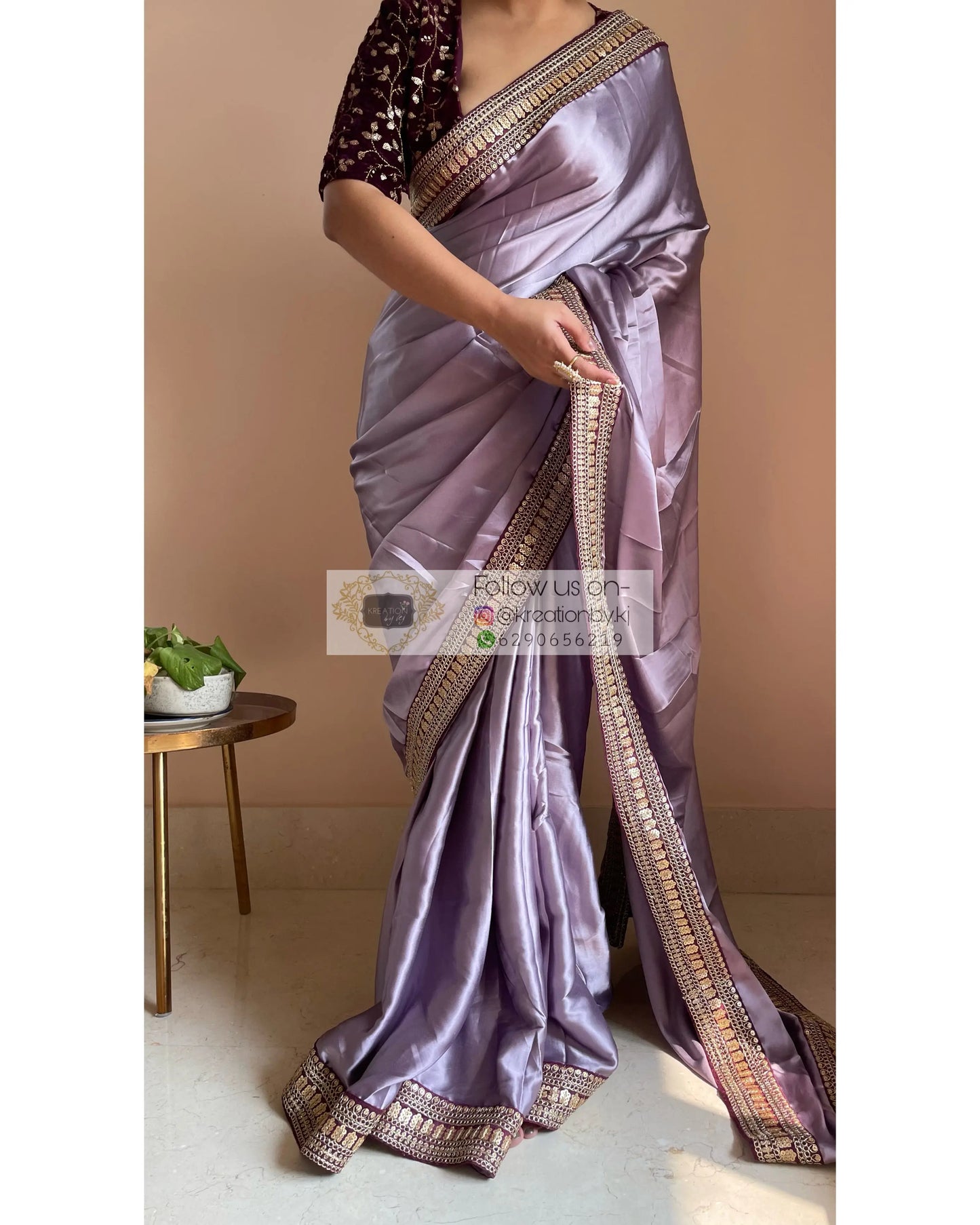 Dull Lavender Satin Saree with Wine Border - kreationbykj
