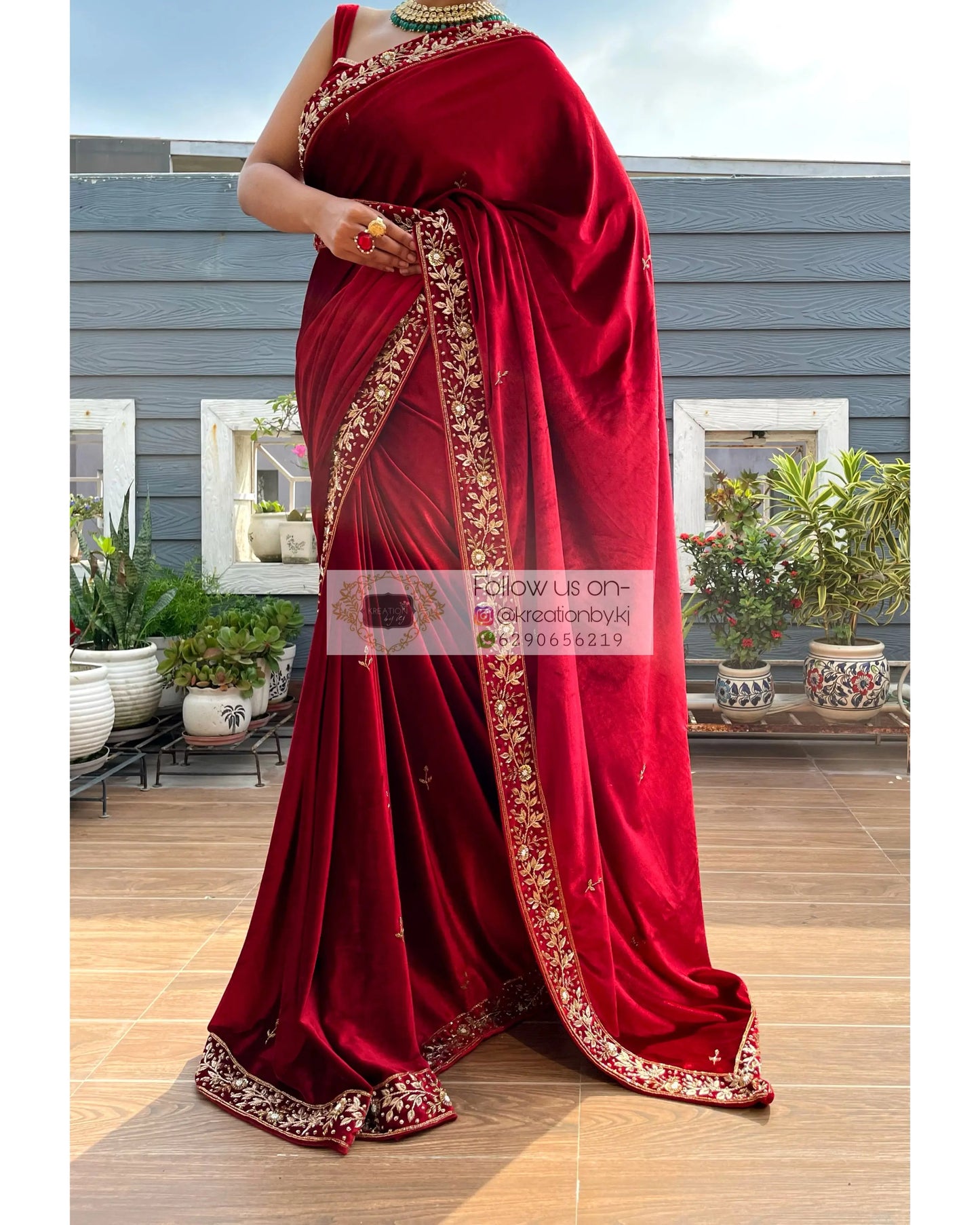 Anaya Maroon Velvet Saree with Belt - kreationbykj