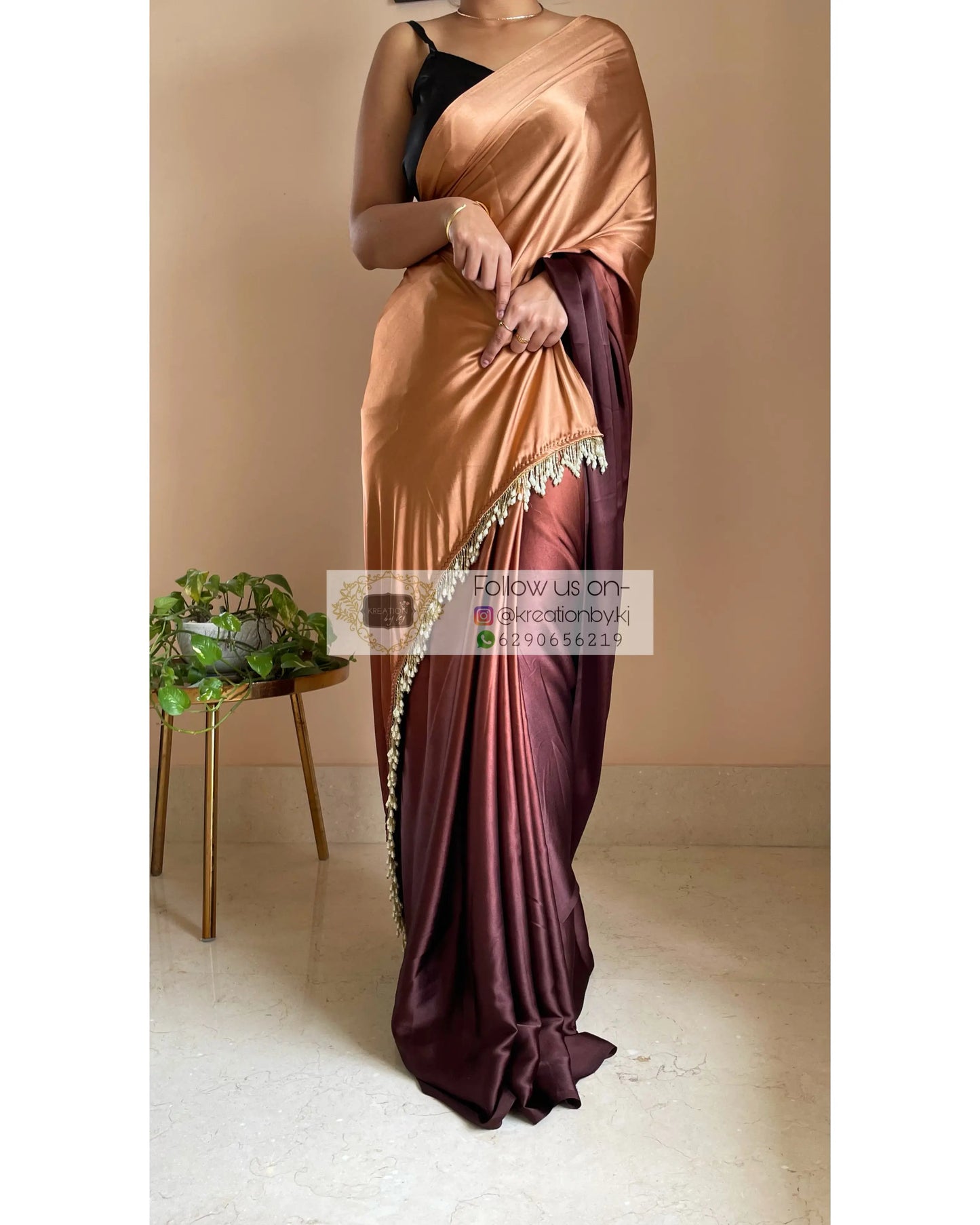 Coffee Eclair Ombré Crepe Silk Saree with Handmade Tassels on Pallu - kreationbykj