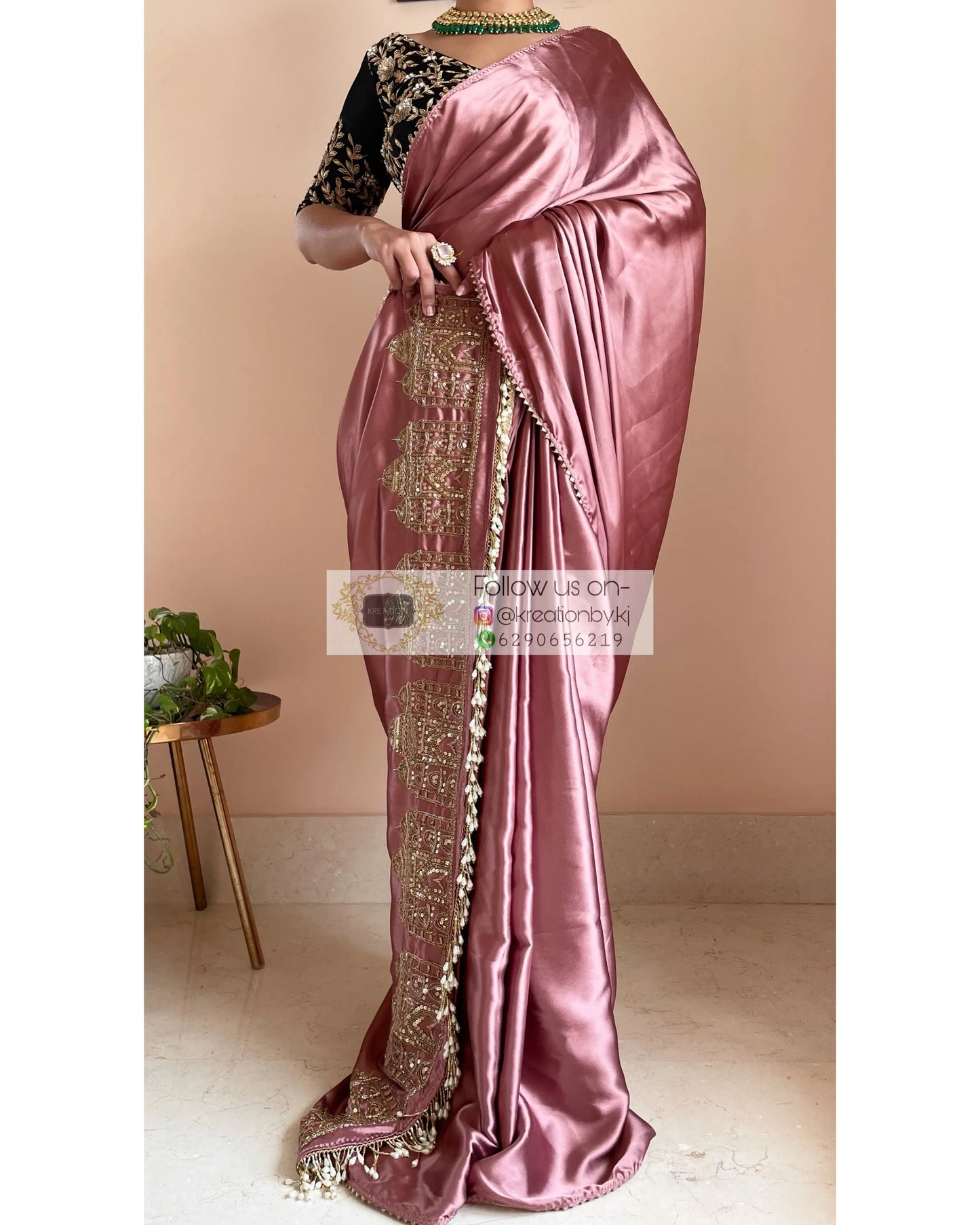 Rose Gold Satin Silk Taj Mahal Saree - kreationbykj