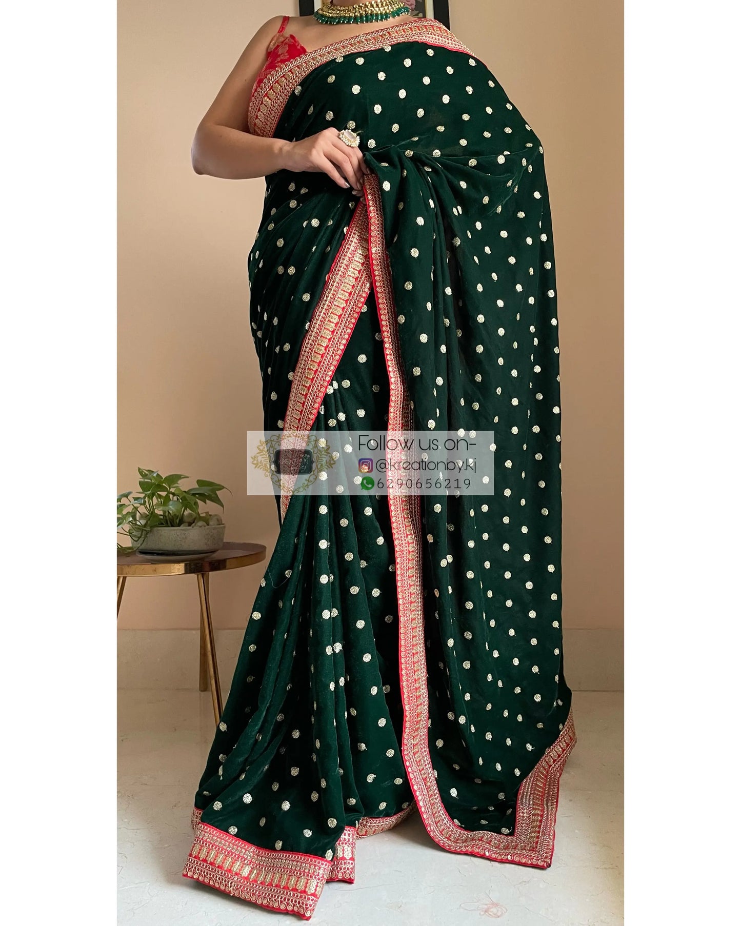Bottle Green Velvet Saree with Border - kreationbykj