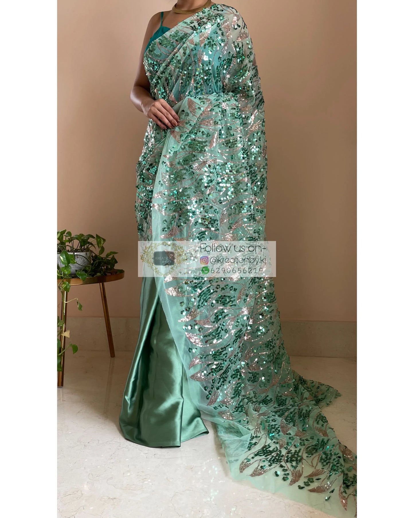 Green Mermaid Sequins Saree - kreationbykj