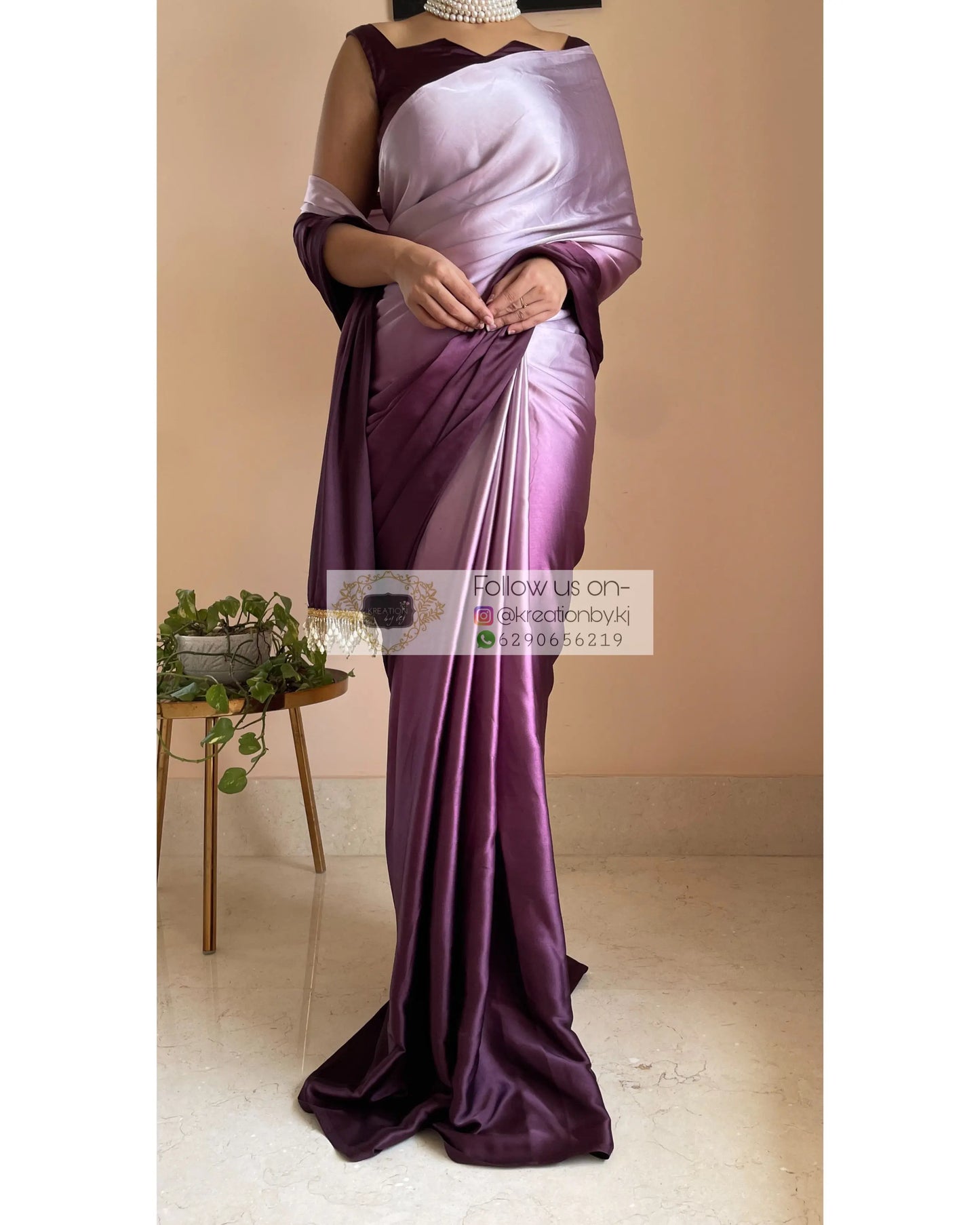 Black Currant Ombré Crepe Silk Saree with Handmade Tassels on Pallu - kreationbykj