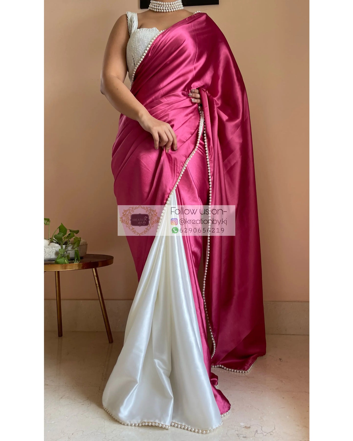 Pink Carnations Two in One Satin Saree - kreationbykj