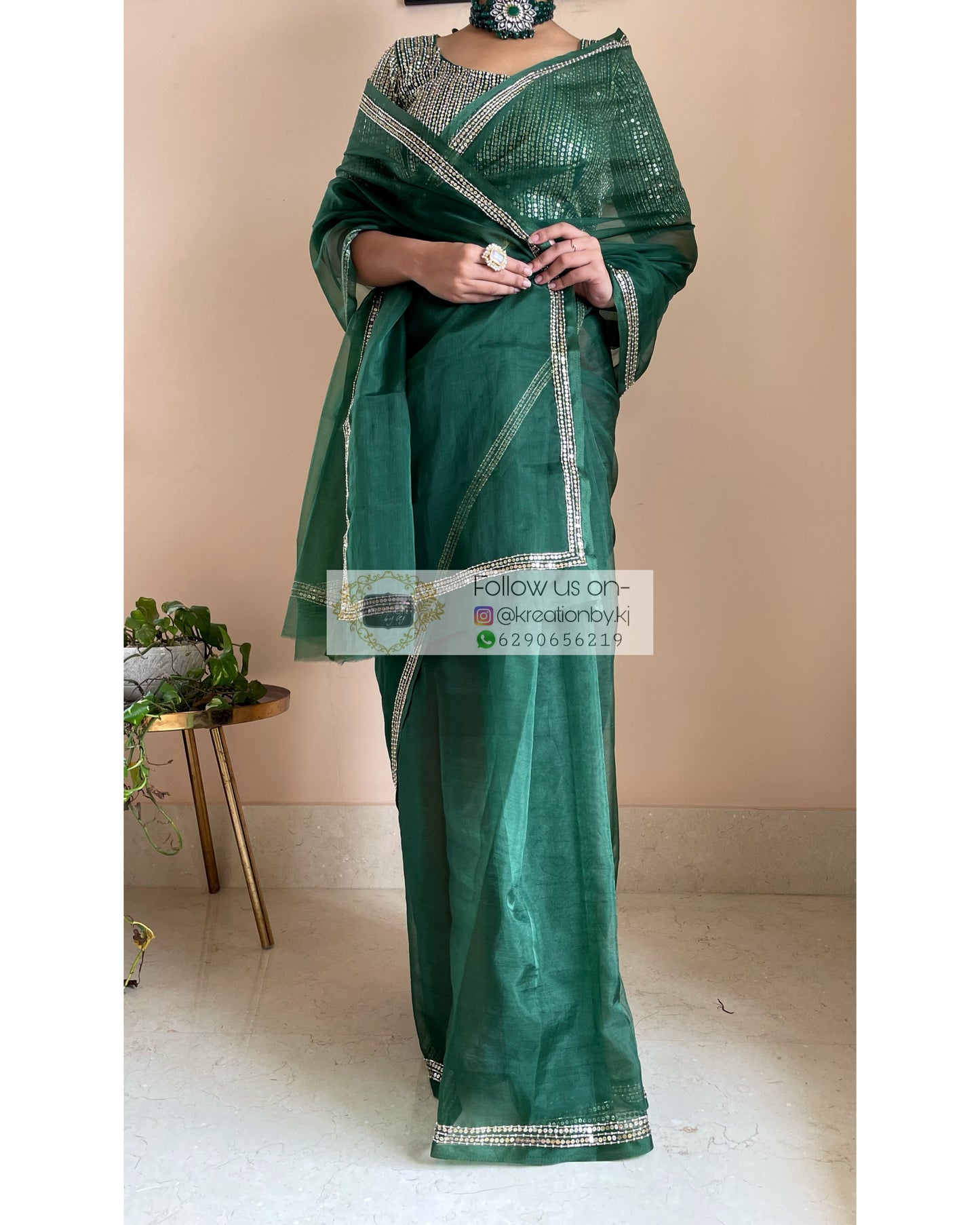 Bottle Green Organza Saree with Heavy Blouse - kreationbykj