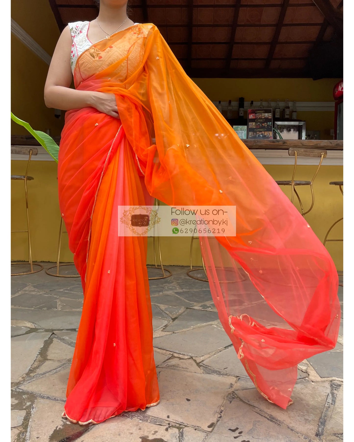 Orange Ombré Net saree with handembroidered scallop - kreationbykj