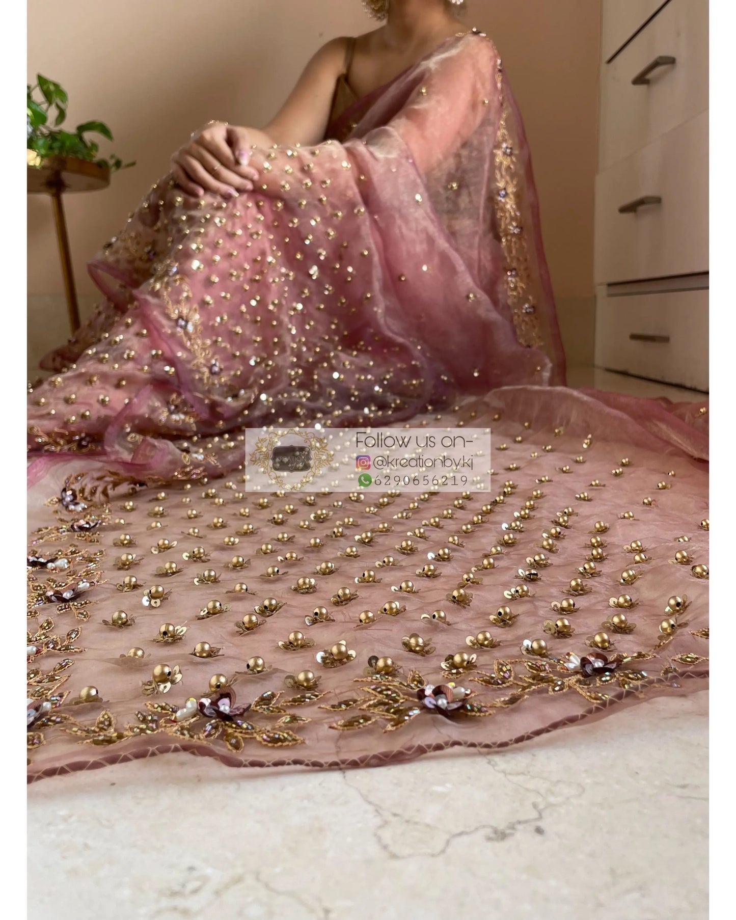 Rose Beige Glass Tissue Saree - kreationbykj