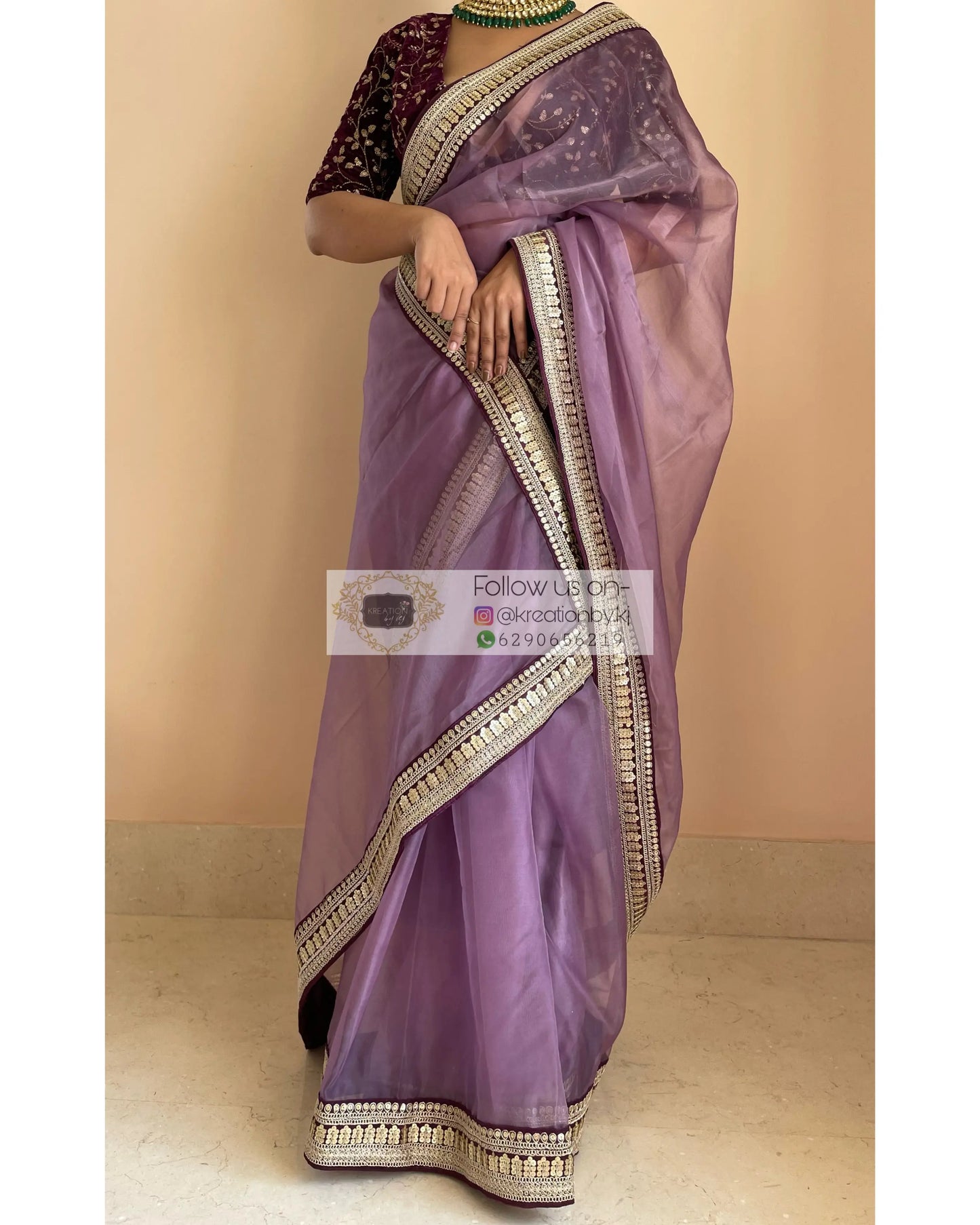 Light Purple Organza Saree with Wine Border - kreationbykj