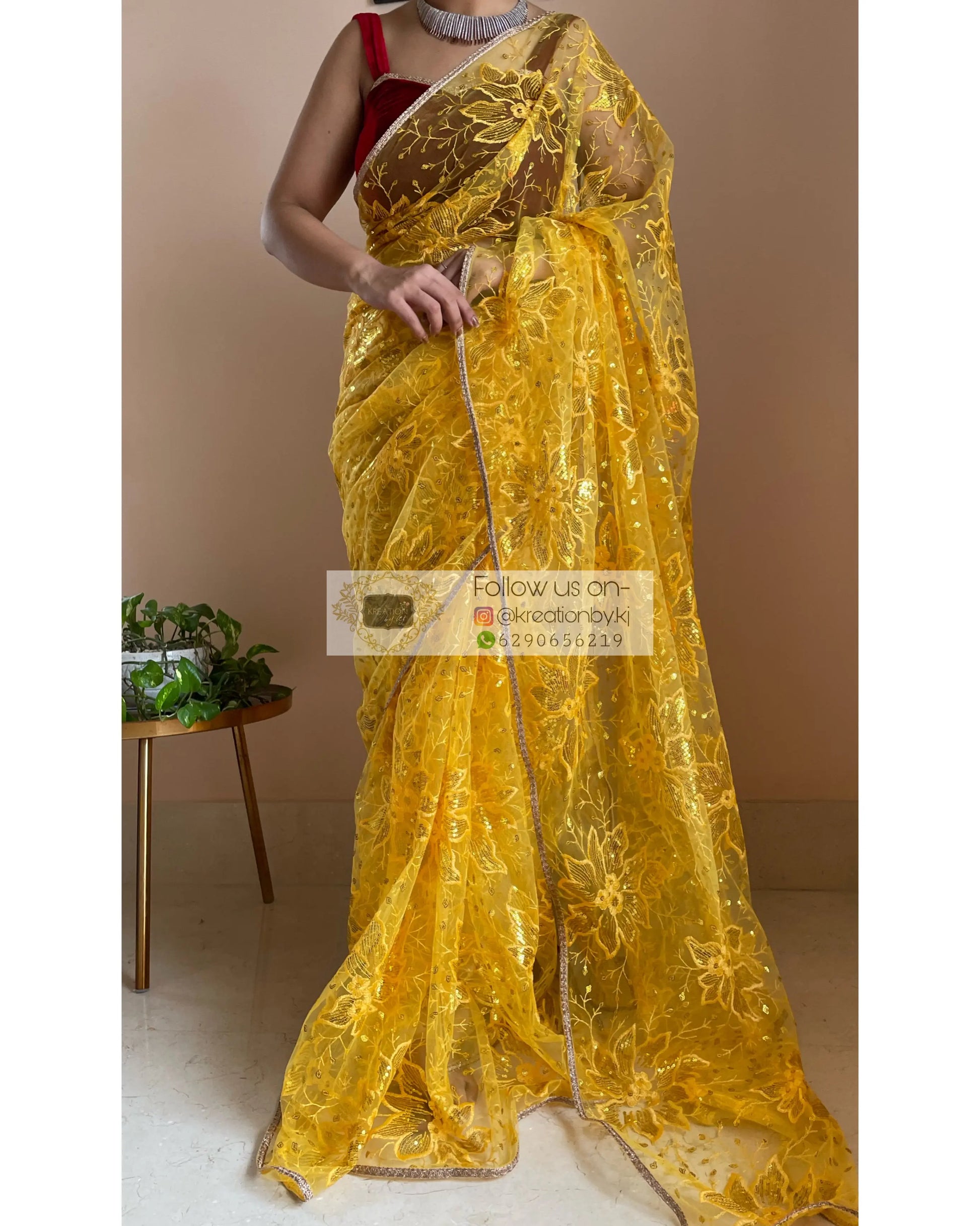 Yellow Floral Net Saree - kreationbykj