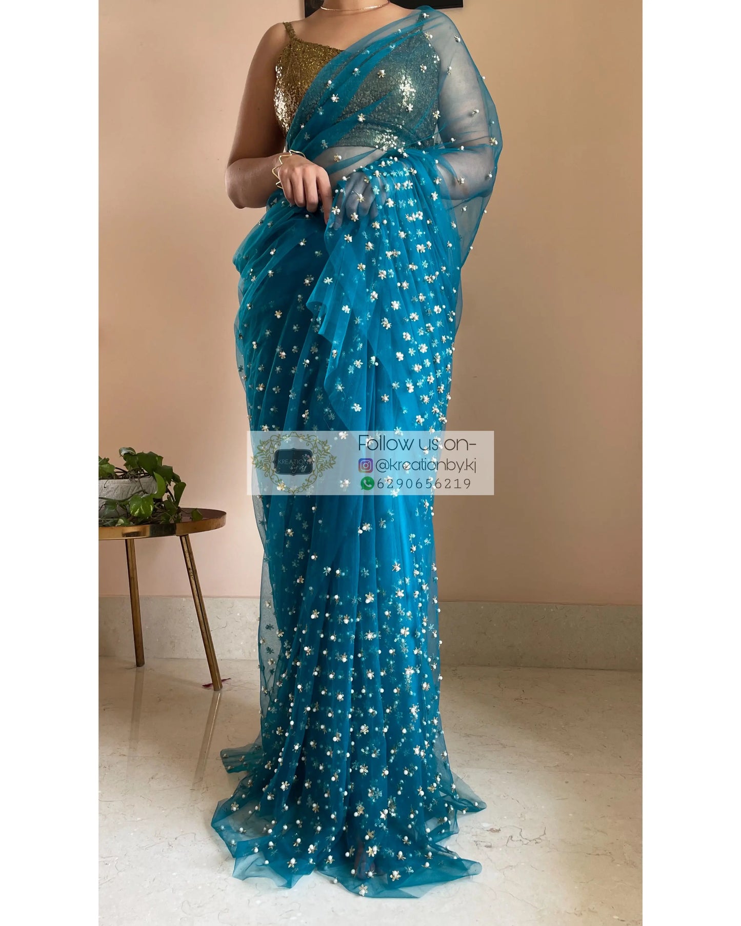 Jugnoo Teal Blue Net Saree - kreationbykj