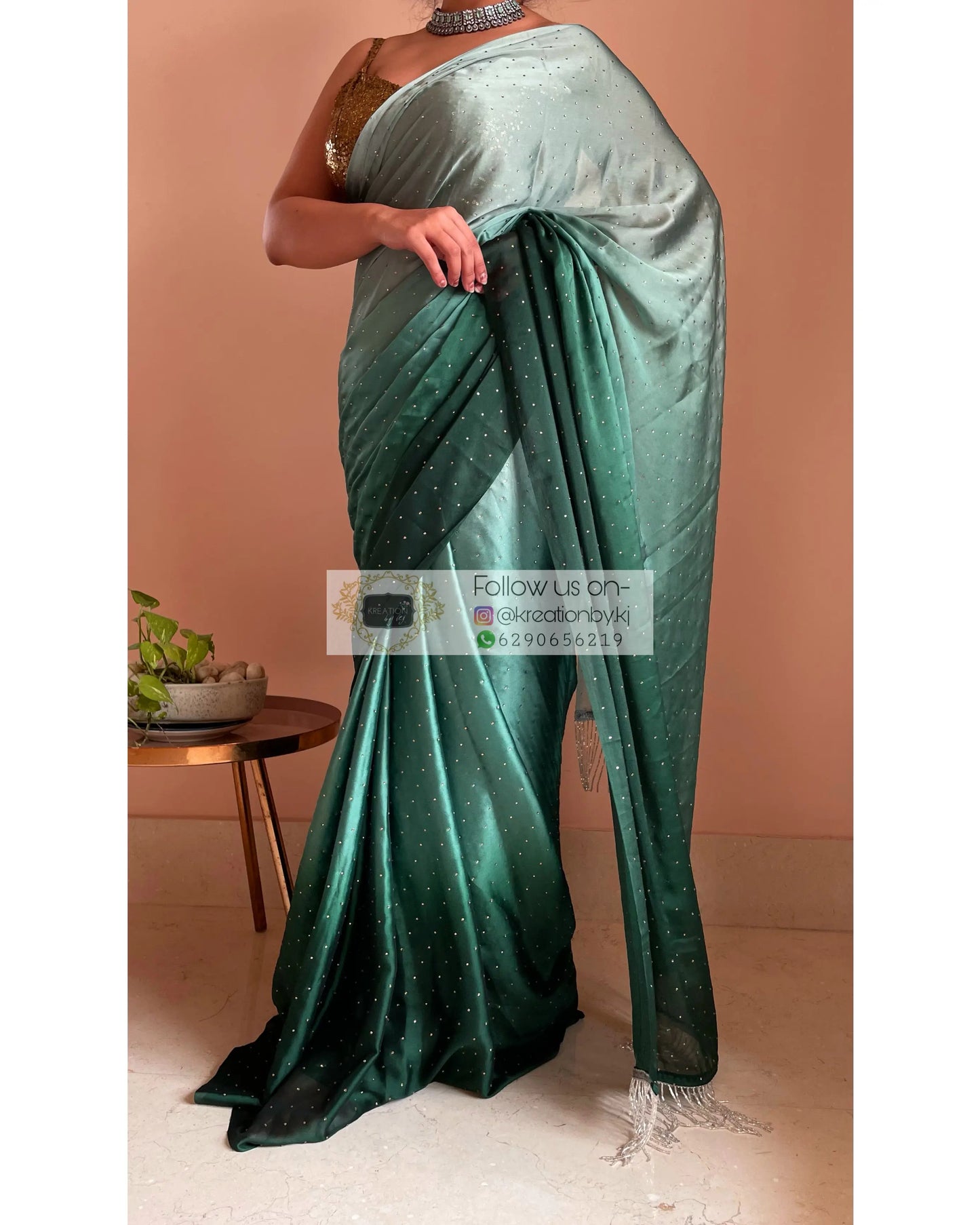 Ombré Emerald Green Saree with Stone Work - kreationbykj
