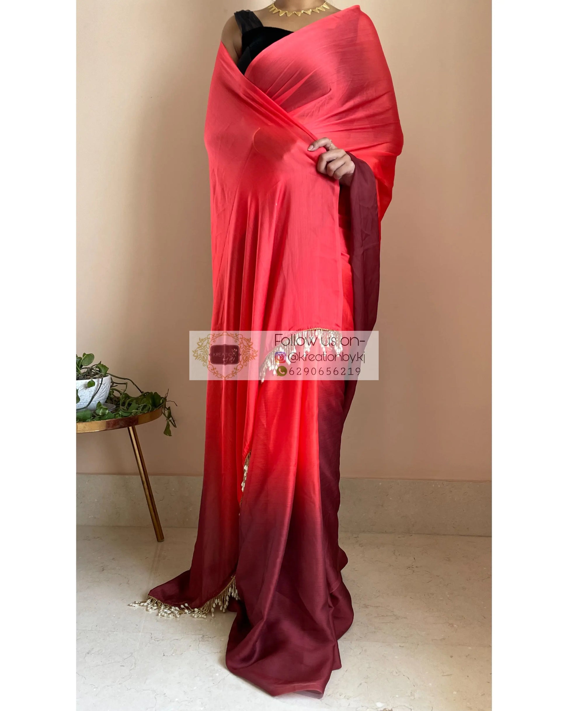 Vermillion Ombré Crepe Silk Saree with Handmade Tassels on Pallu - kreationbykj