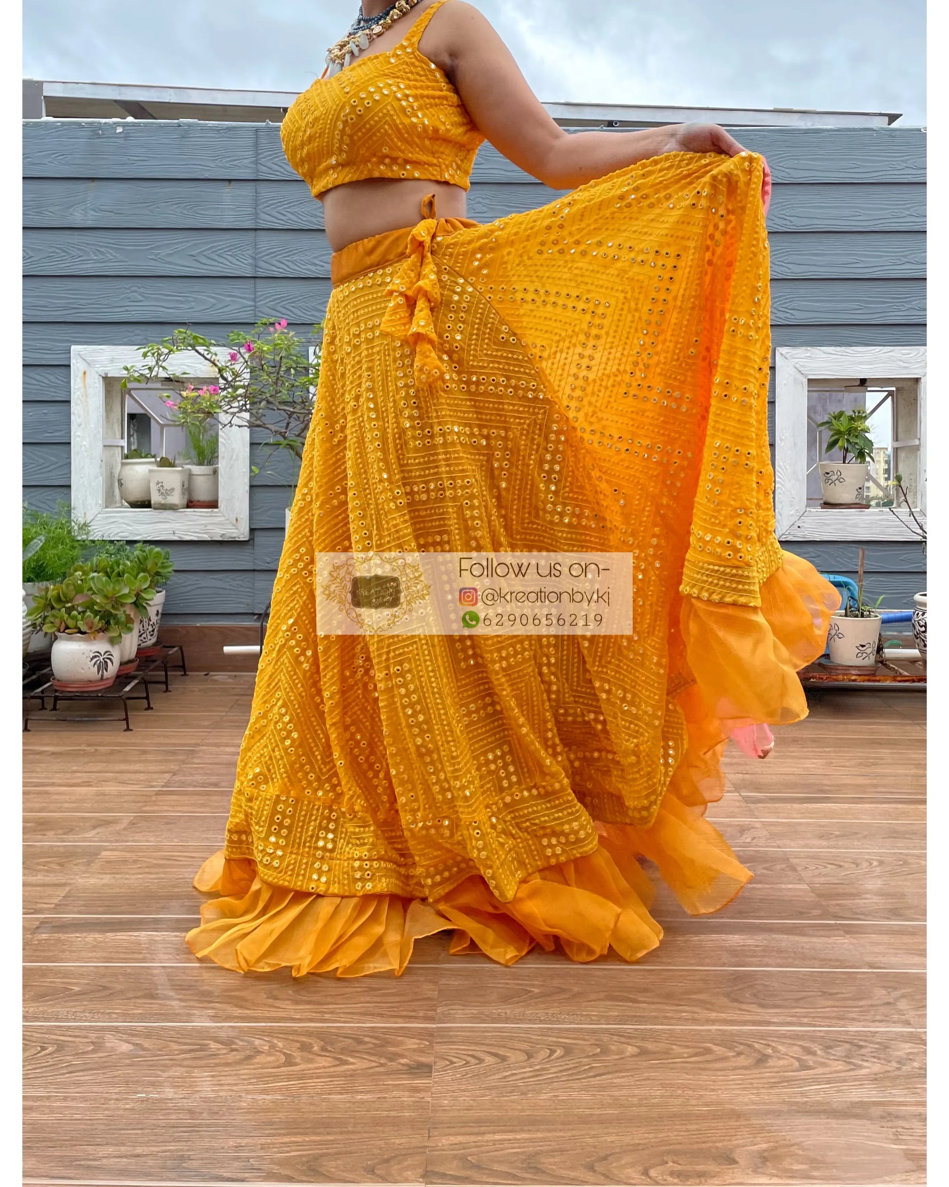 Yellow Sheesh Mahal Lehenga Set - kreationbykj