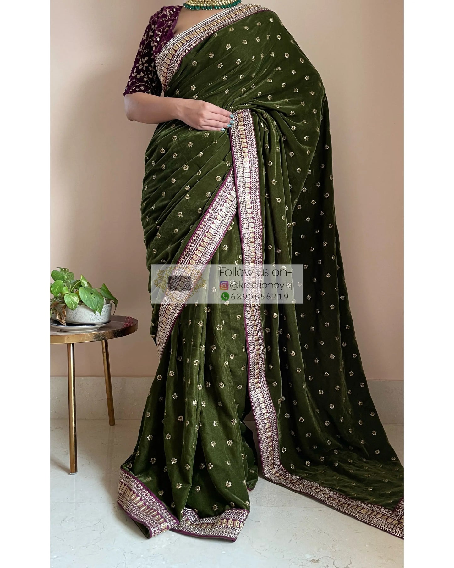 Mehendi Green Velvet Saree with Border - kreationbykj