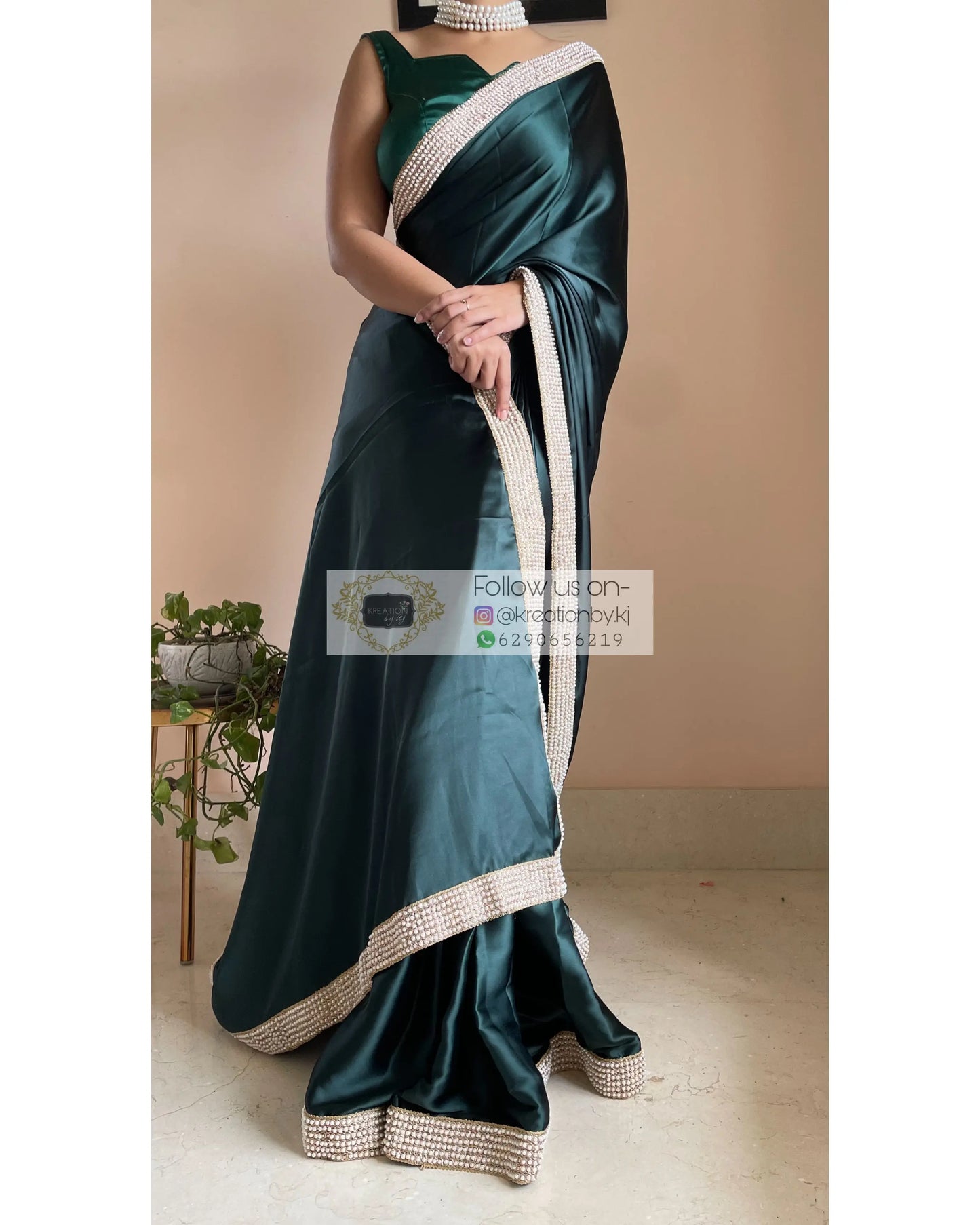 Dark Blackish Green Mother Of Pearl Saree - kreationbykj
