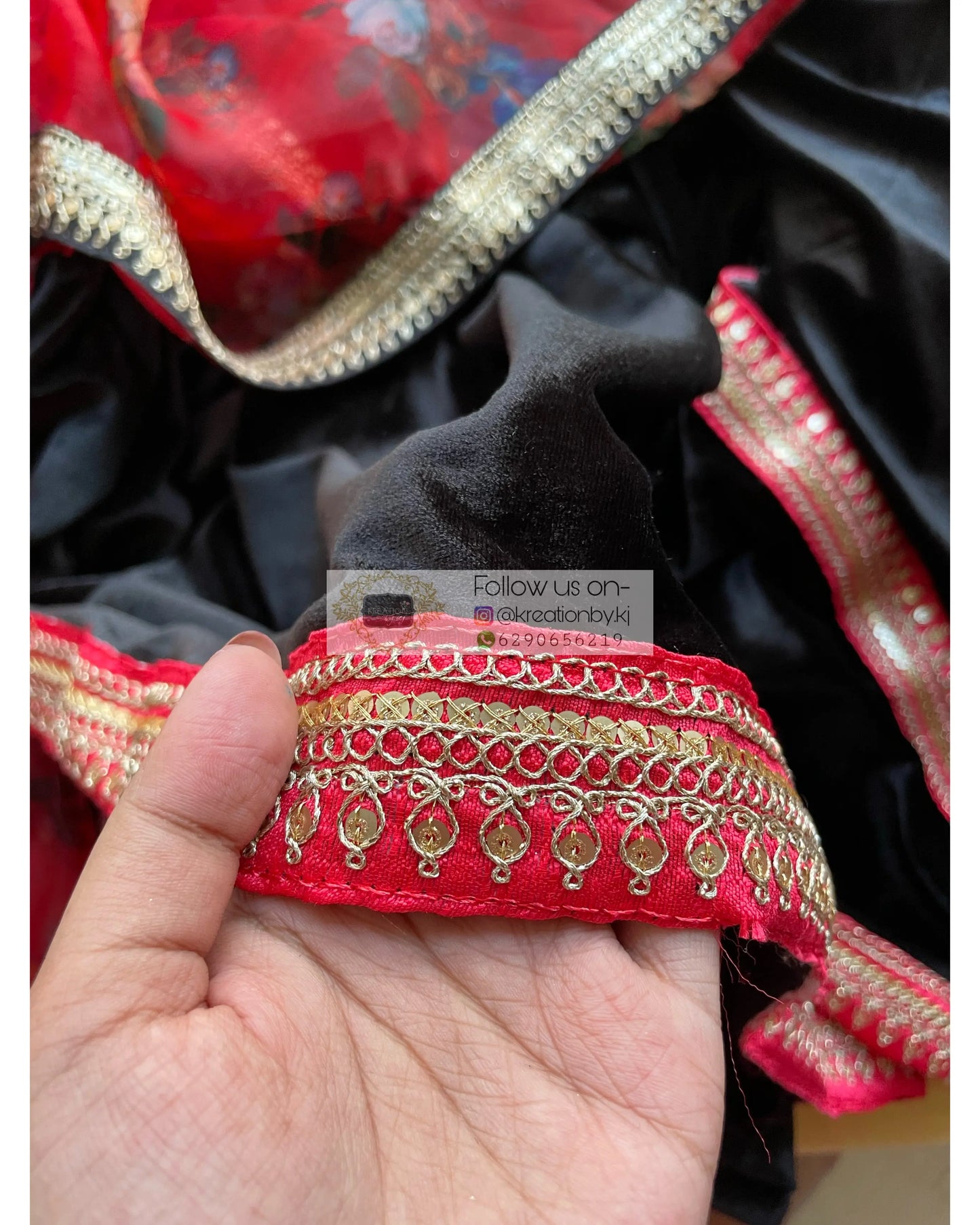 Black Floral Organza Velvet Saree - kreationbykj