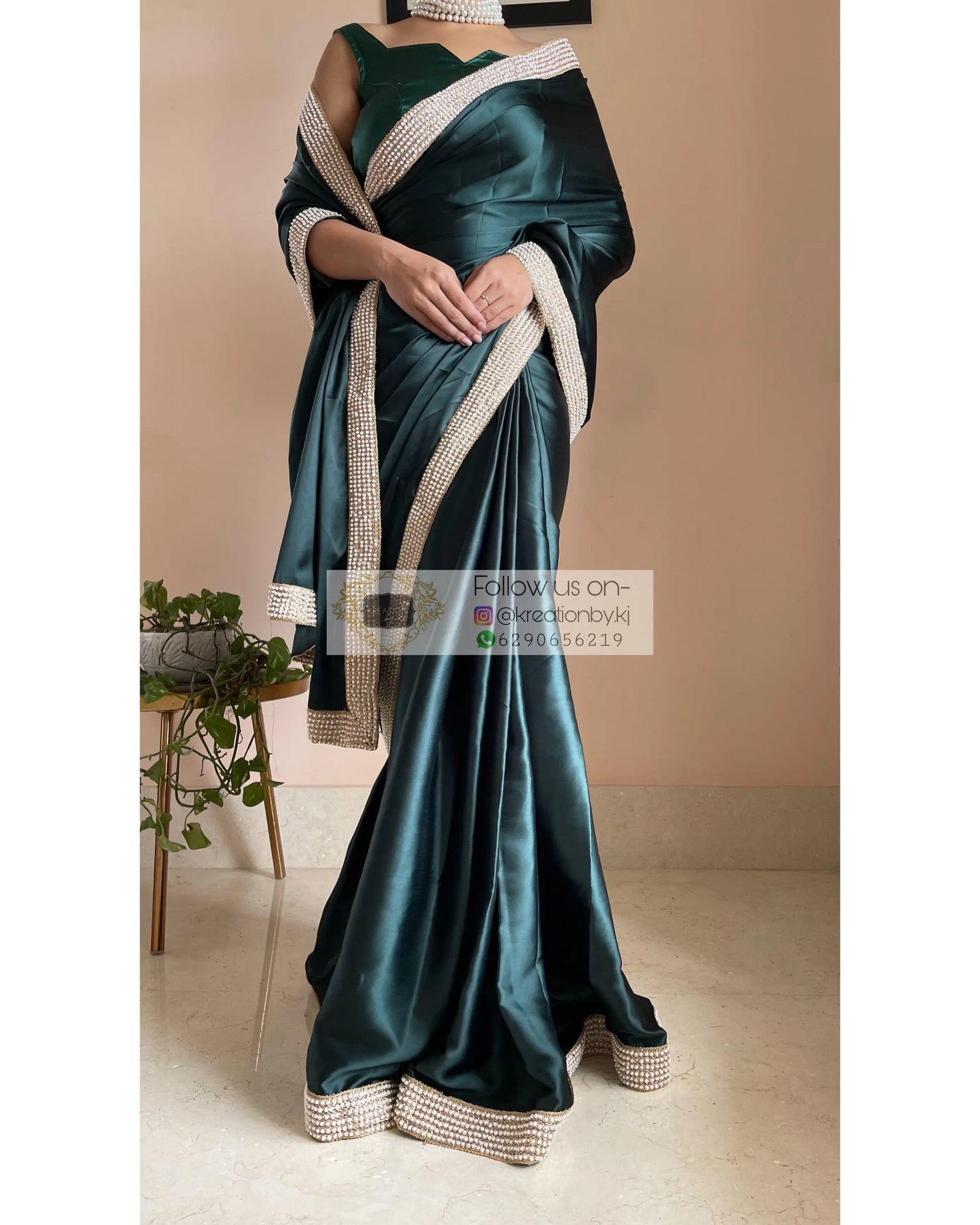 Dark Blackish Green Mother Of Pearl Saree - kreationbykj