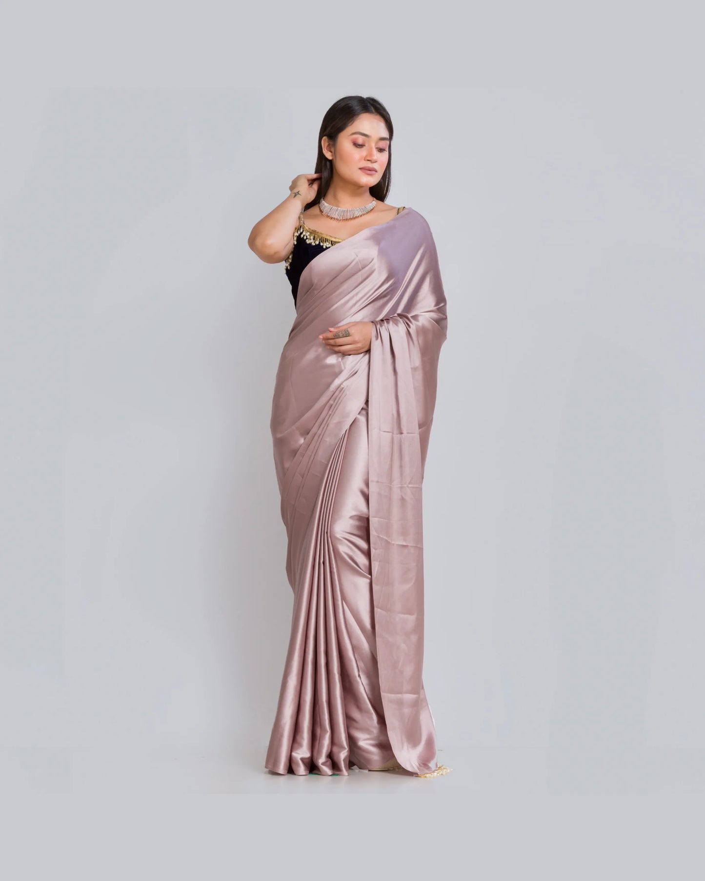 Lilac Satin Silk Saree with Handmade Tassels on Pallu - kreationbykj