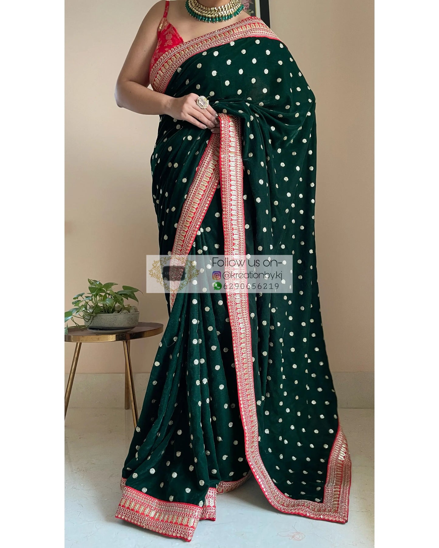 Bottle Green Velvet Saree with Border - kreationbykj
