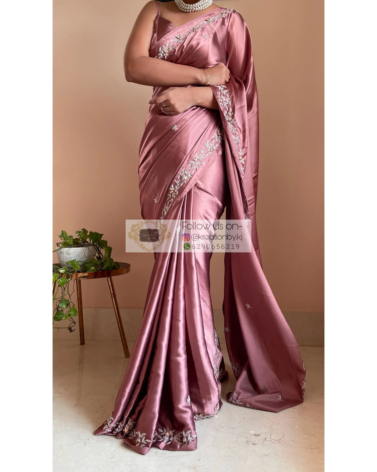 Rose Gold Satin Silk Chandani Saree - kreationbykj