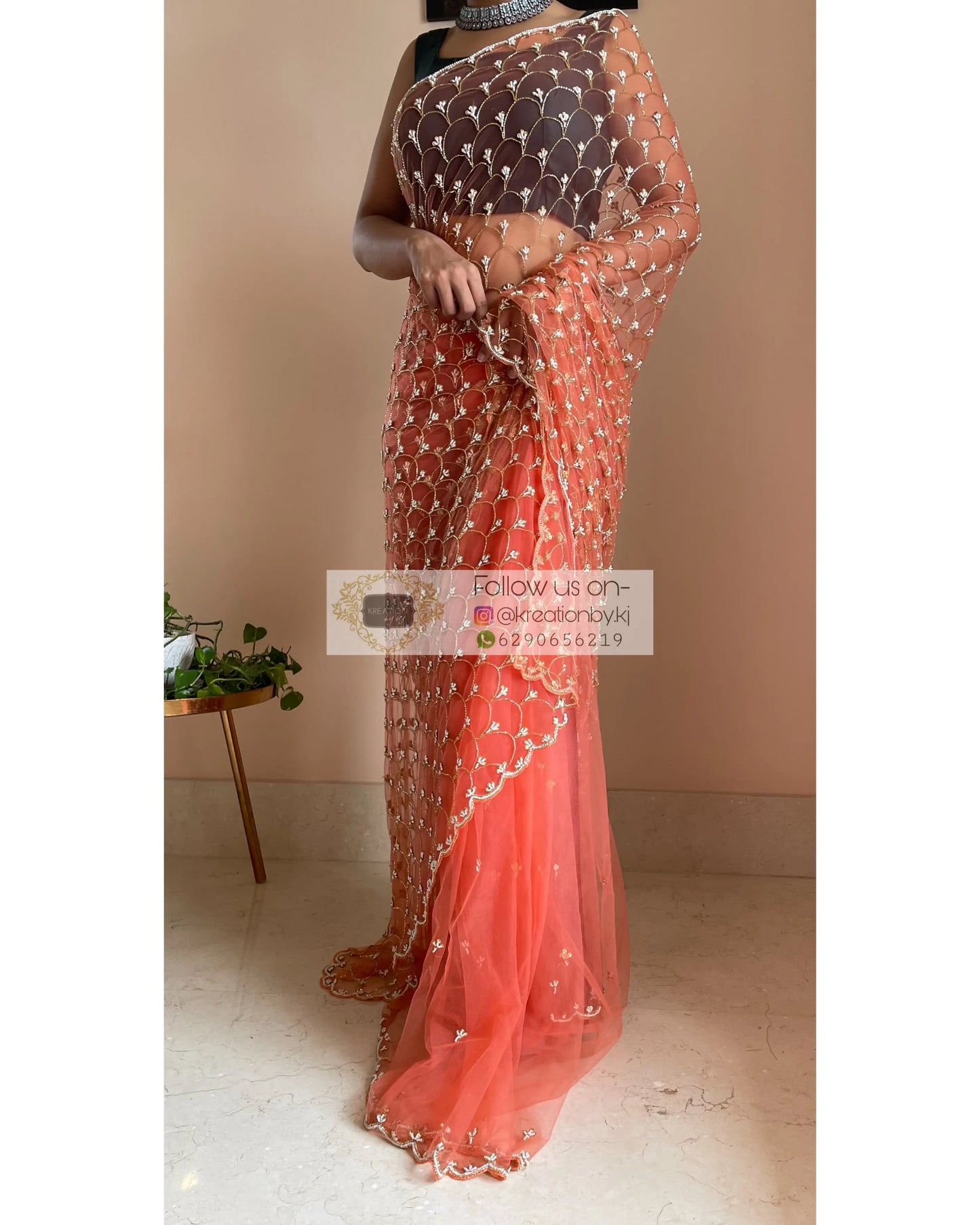 Coral Cutdana Mehraab Jaal Saree - kreationbykj