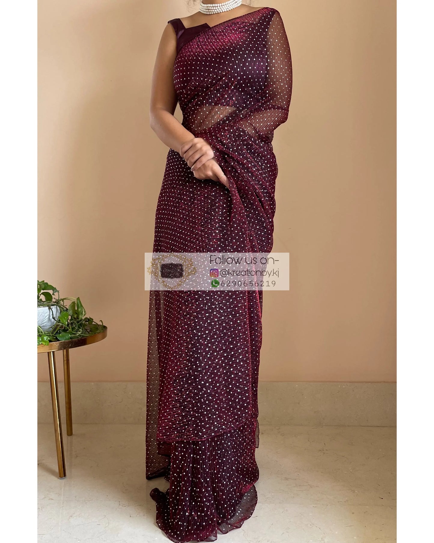Maroon Wine Pleated Shimmer Saree - kreationbykj