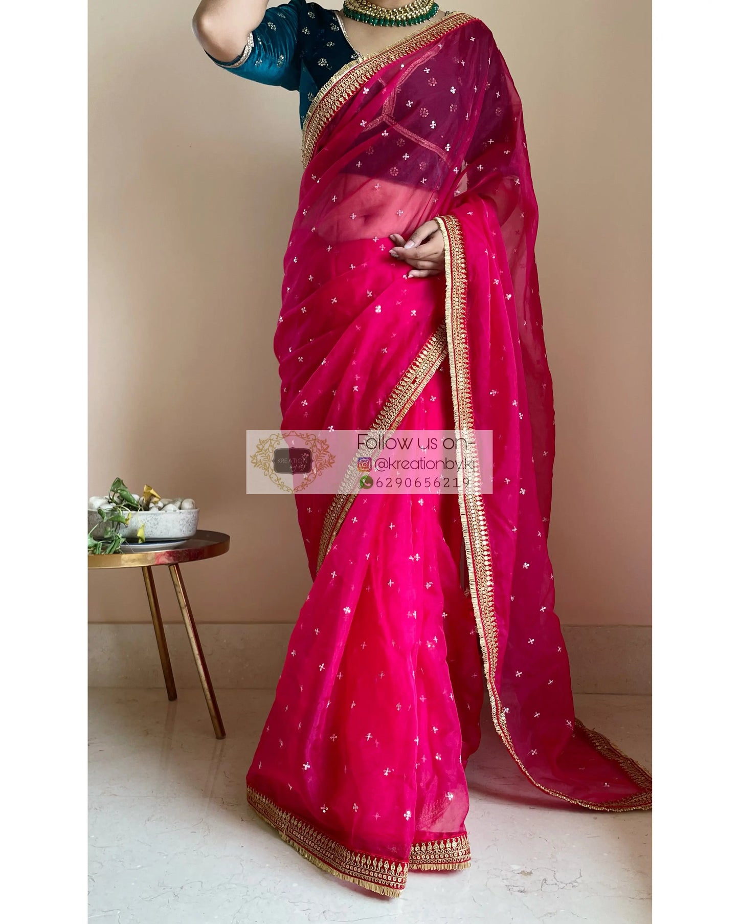 Hot Pink Ragini Organza Saree - kreationbykj